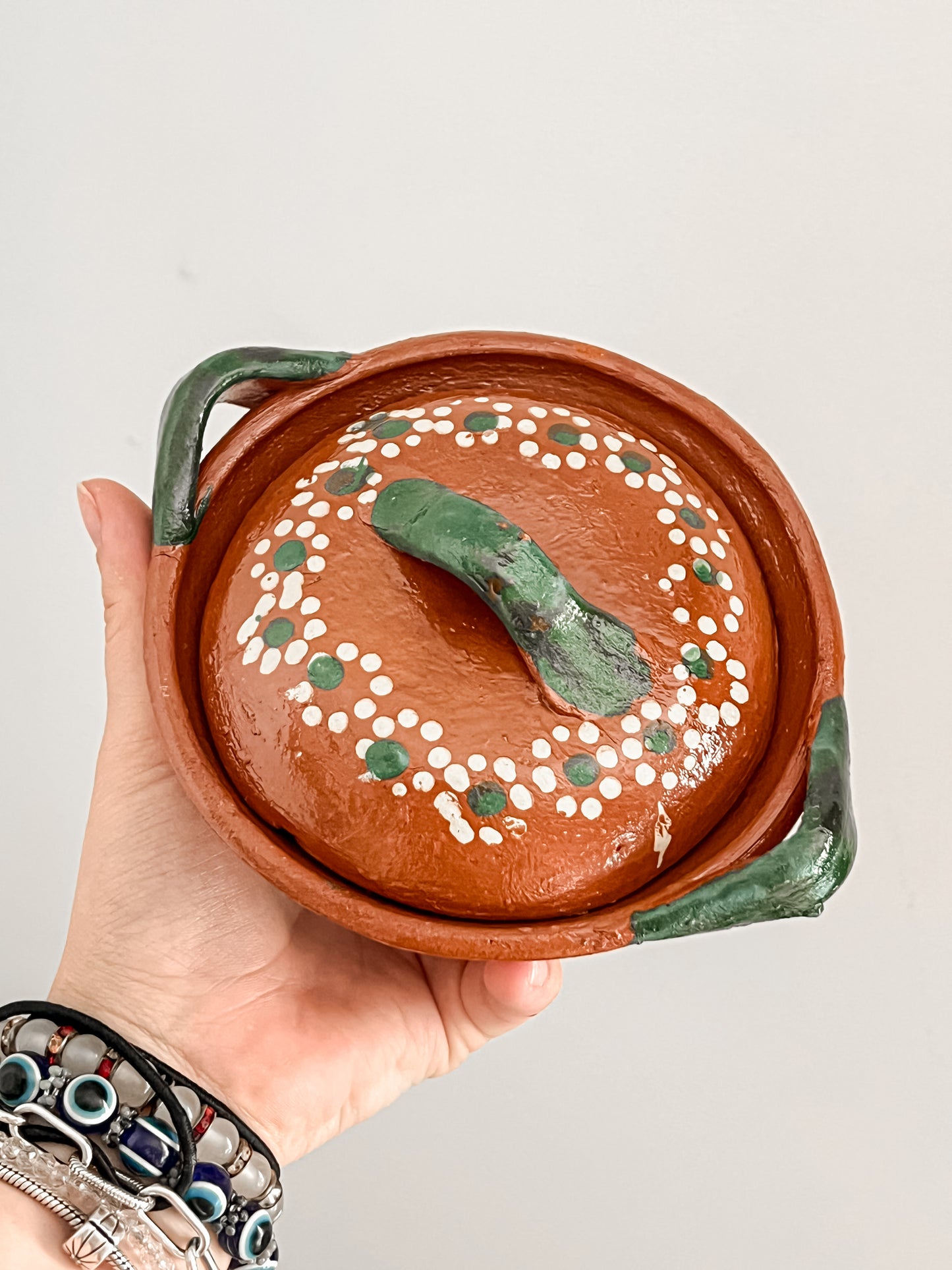Mexican Barro Small Salsero Green Handles