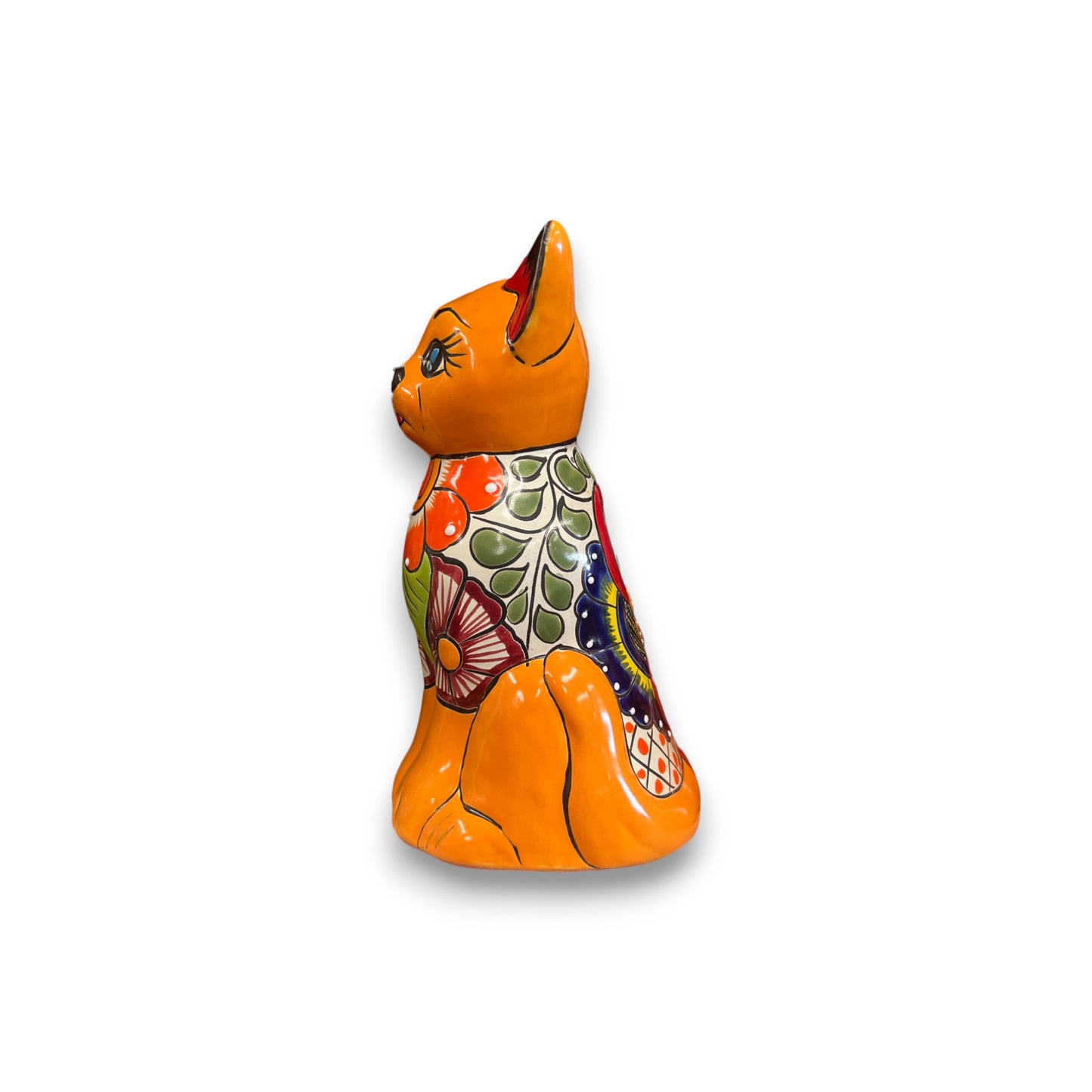 Colorful Hand-Painted Talavera Cat Statue | Mexican Folk Art Decor
