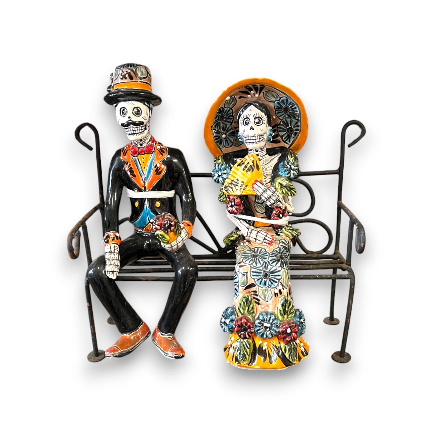 Talavera Skeleton Couple on Bench | Day of the Dead Mexican Decor