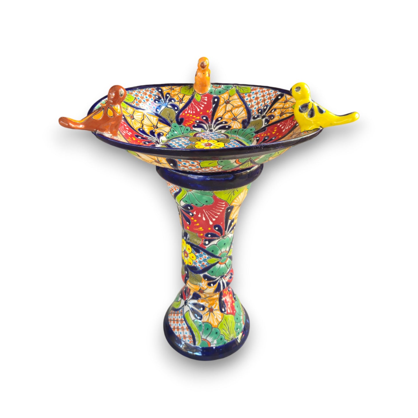 Talavera Bird Bath with Blue Rim | Colorful Mexican Garden Decor