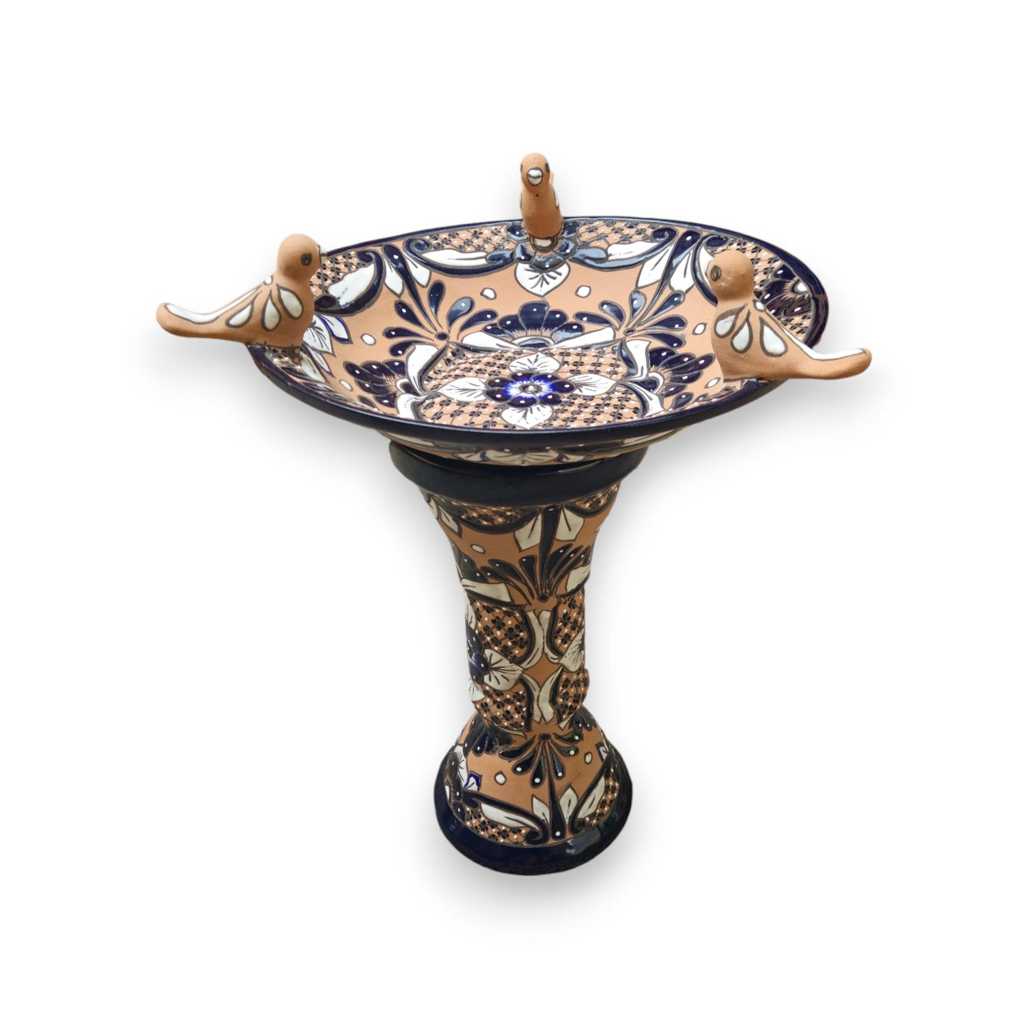 Terracotta Talavera Bird Bath | Black & Blue Hand-Painted Design