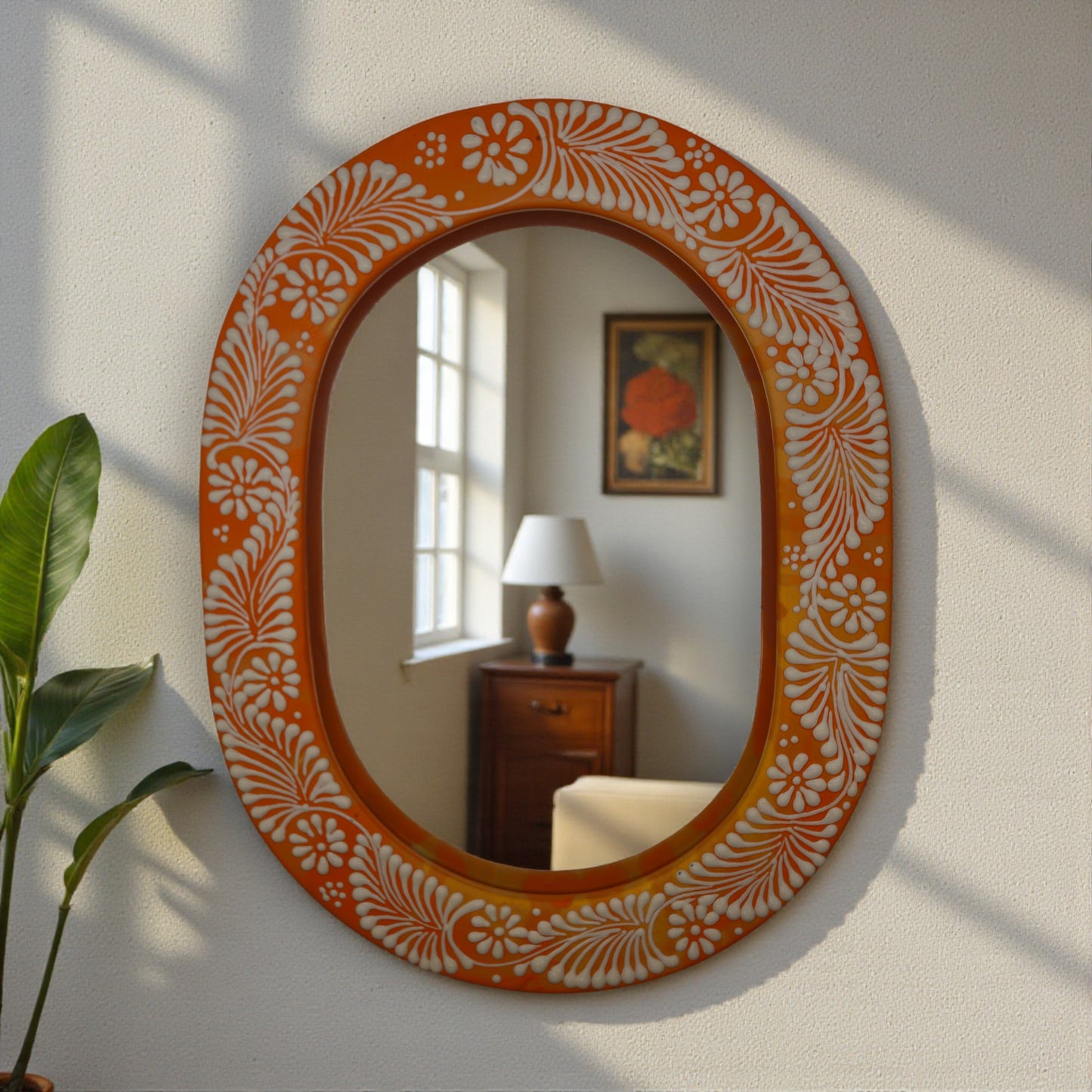 Floral Brown & White Talavera Mirror | Handcrafted Mexican Art