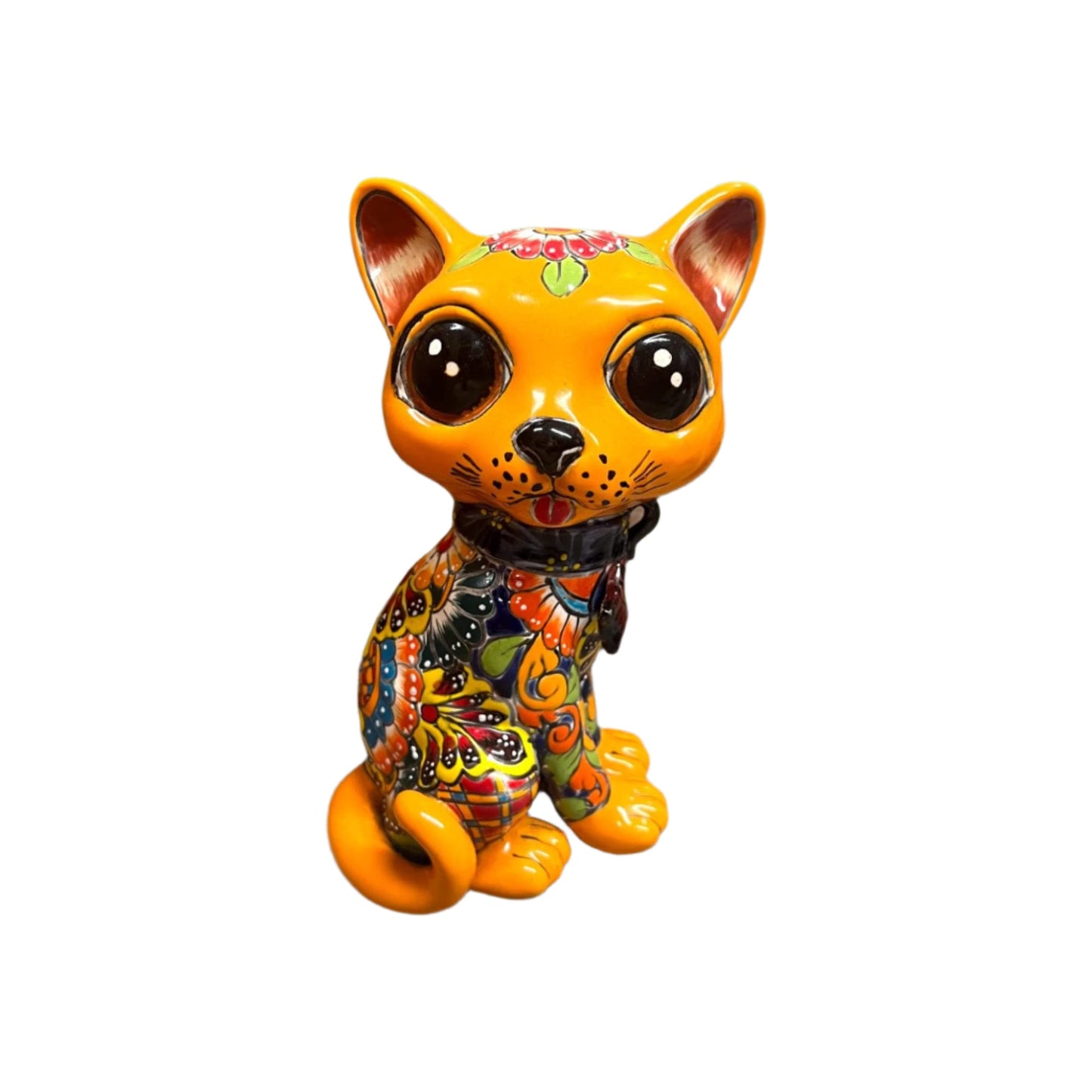 Talavera Cat Statue | Hand-Painted Mexican Folk Art Figurine