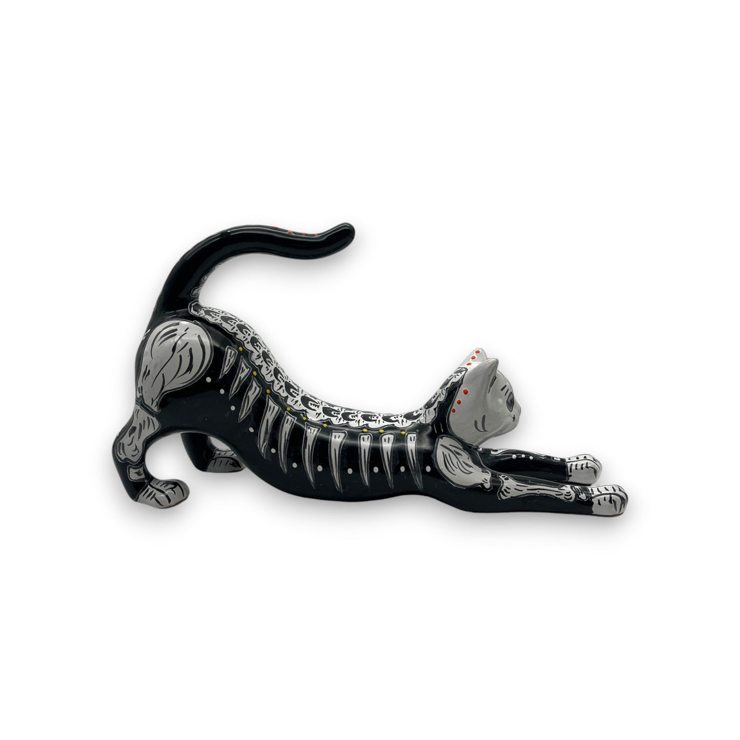 Talavera Stretching Cat Figurine | Hand-Painted Calavera Art