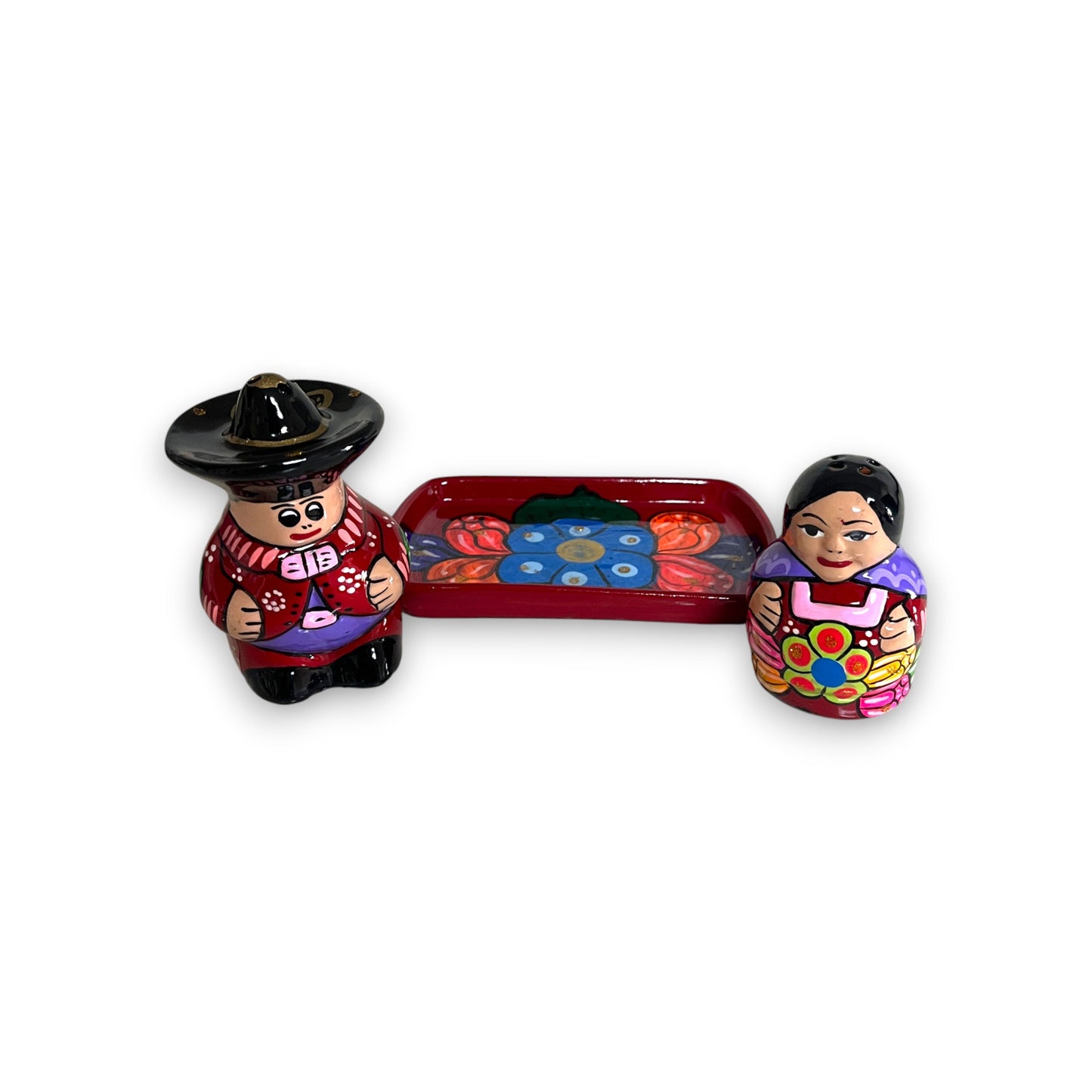 Hand-Painted Talavera Salt & Pepper Shakers | Couple on Tray