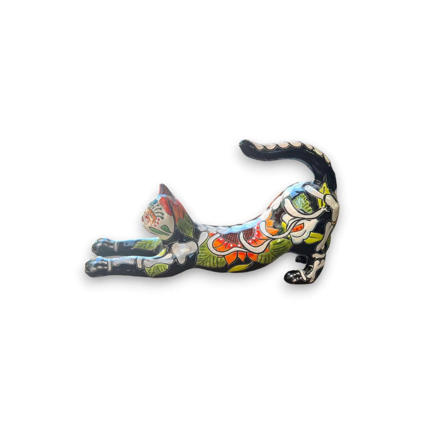 Talavera Stretching Cat Figurine | Mexican Day of the Dead Art