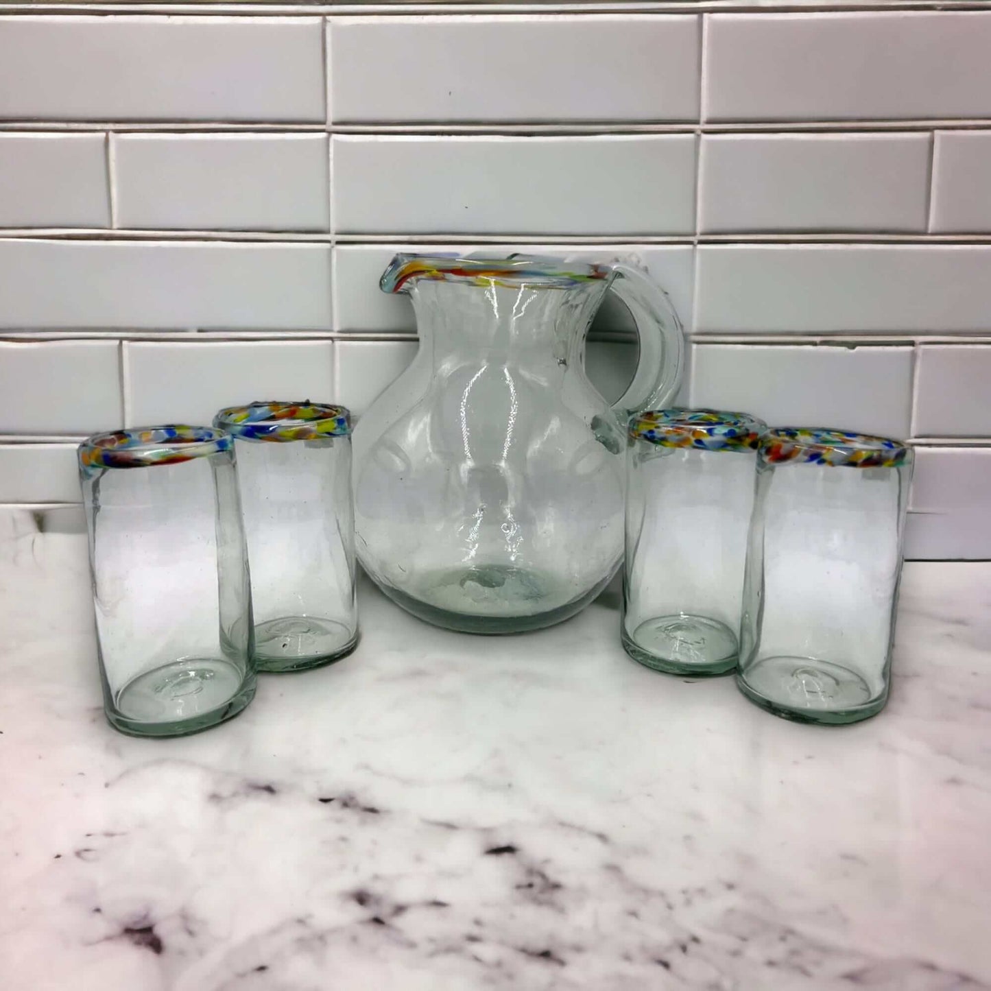 Mexican Hand Blown Glass Pitcher | Confetti Rim