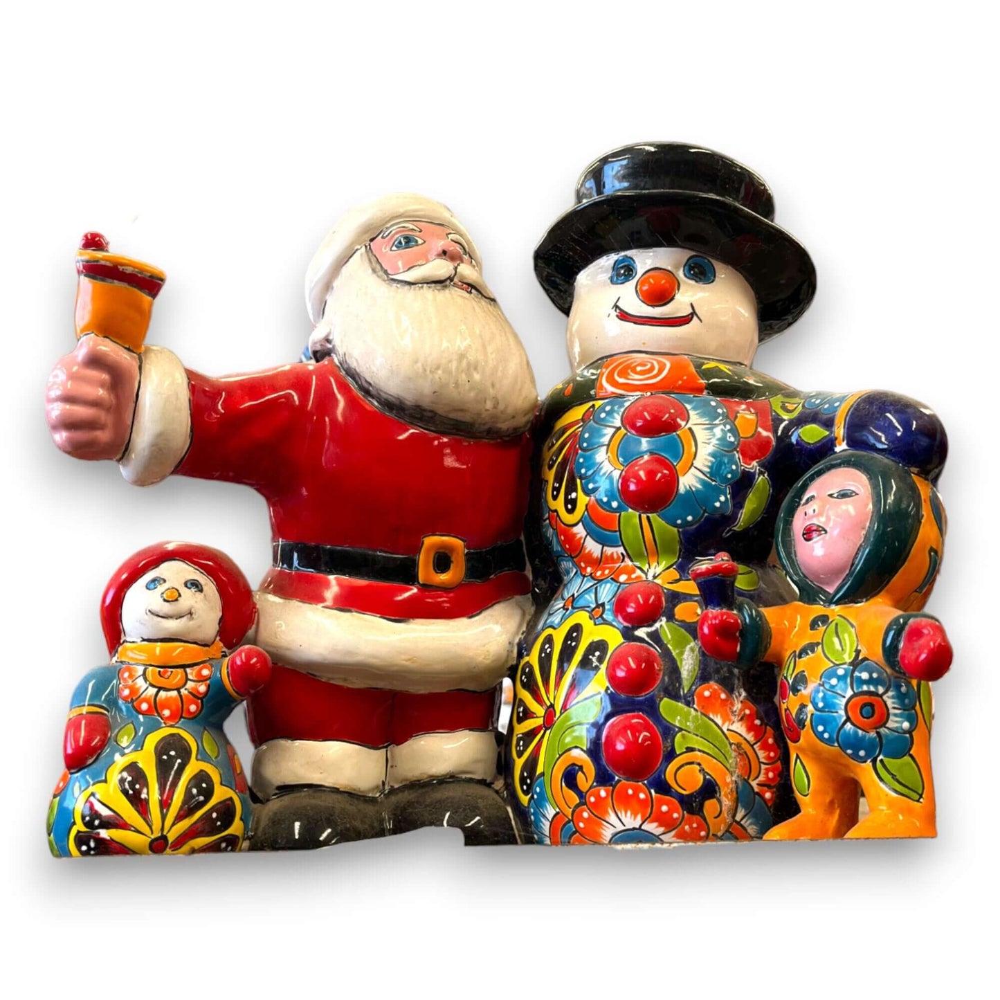 Talavera Santa & Snowman Statue | Hand-Painted Christmas Decor