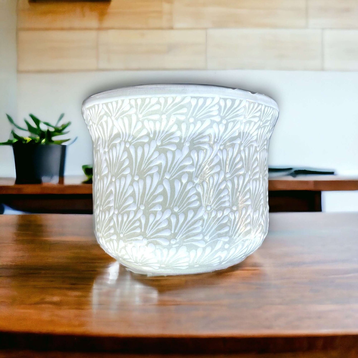 Large Mexican Talavera Hand-Painted Flower Pot | White Floral Design