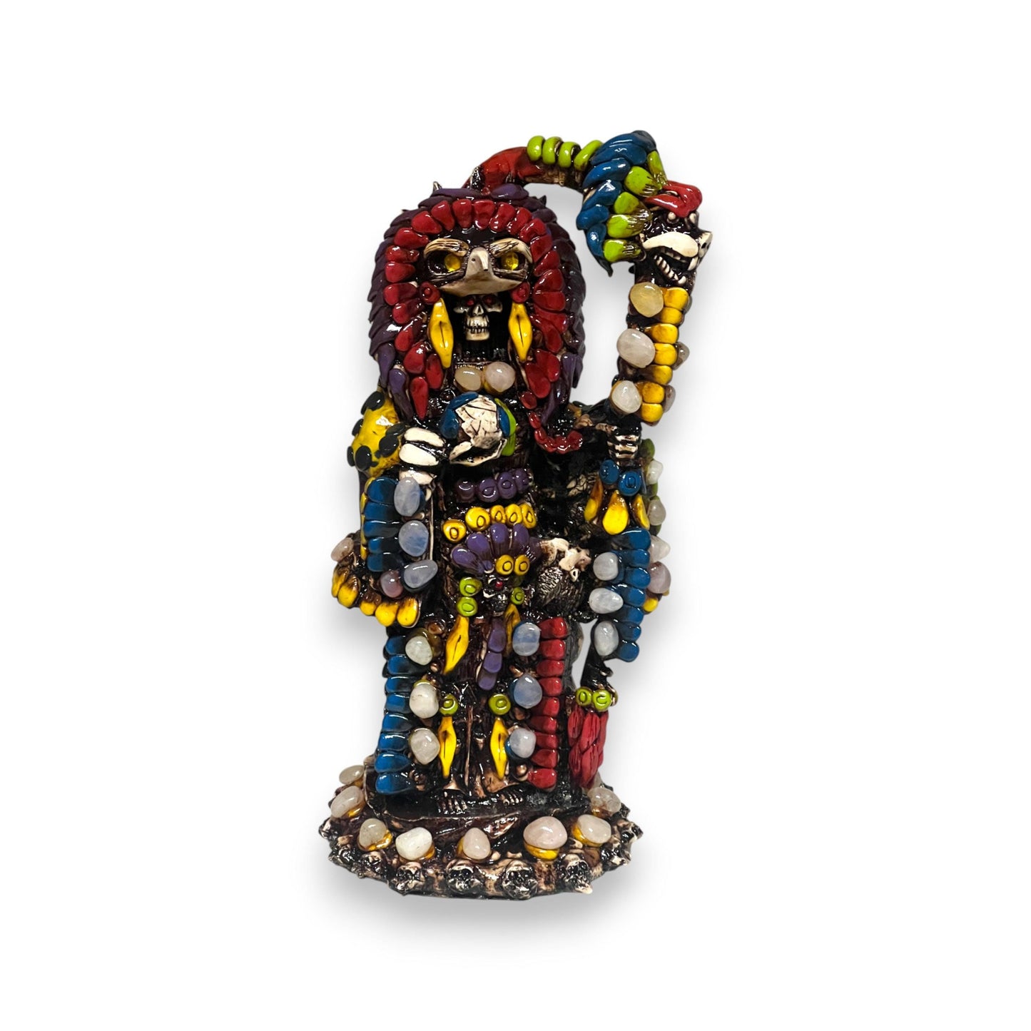 Handmade Aztec Warrior Statue | Colorful Grim Reaper Figurine