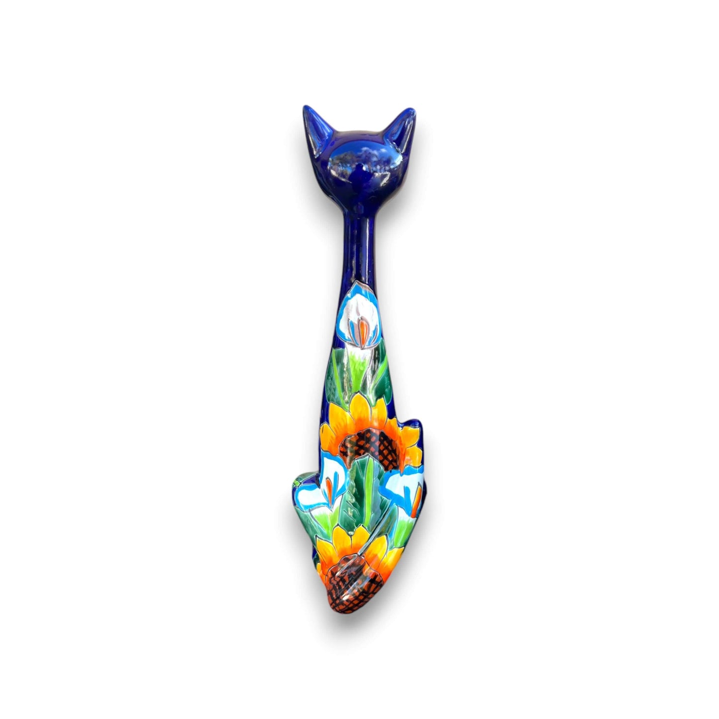 Tall Talavera Cat Statue | Handmade Mexican Sunflower Decor