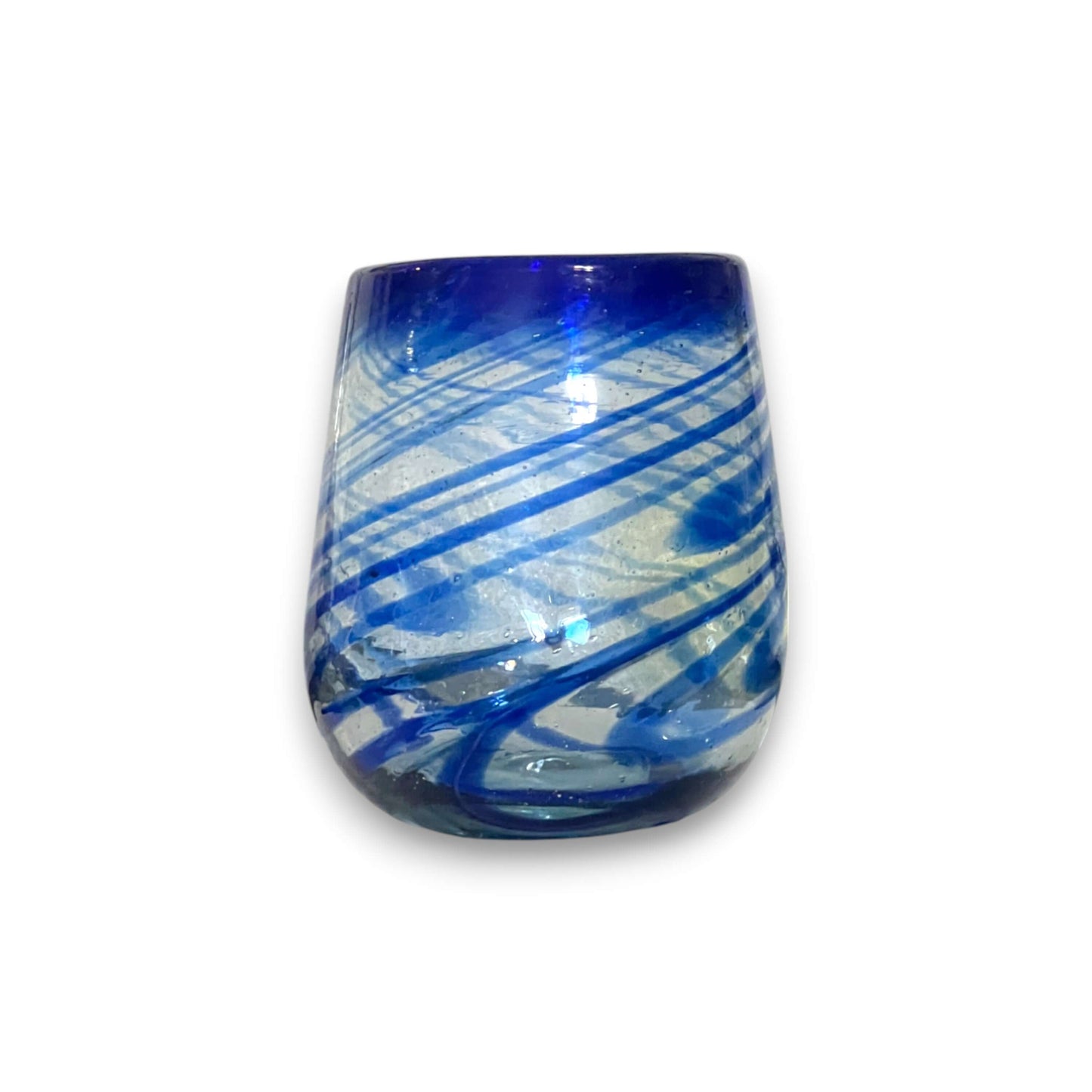 Mexican Stemless Wine Glass | Hand-Blown Blue Swirl