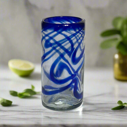 Hand-Blown Mexican Drinking Glass | Blue Swirl Design
