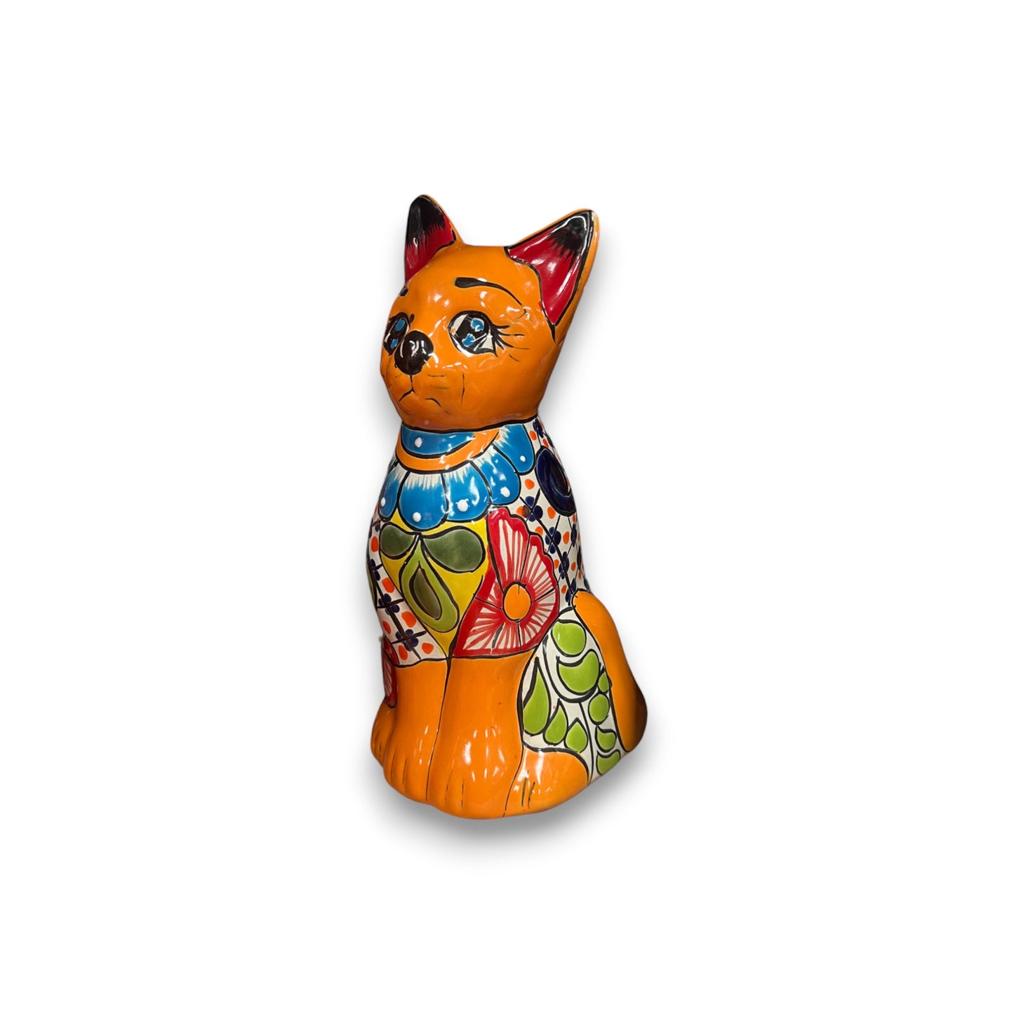 Colorful Hand-Painted Talavera Cat Statue | Mexican Folk Art Decor
