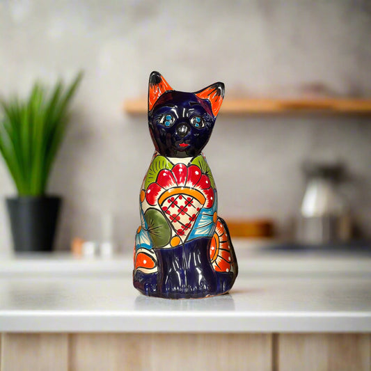 Colorful Hand-Painted Talavera Cat Statue | Mexican Folk Art Decor