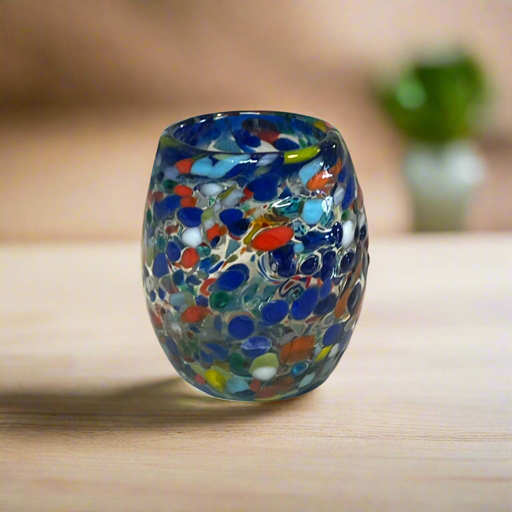 Confetti Rimmed Shot Glass | Hand-Blown Mexican Glassware with Blue Rim