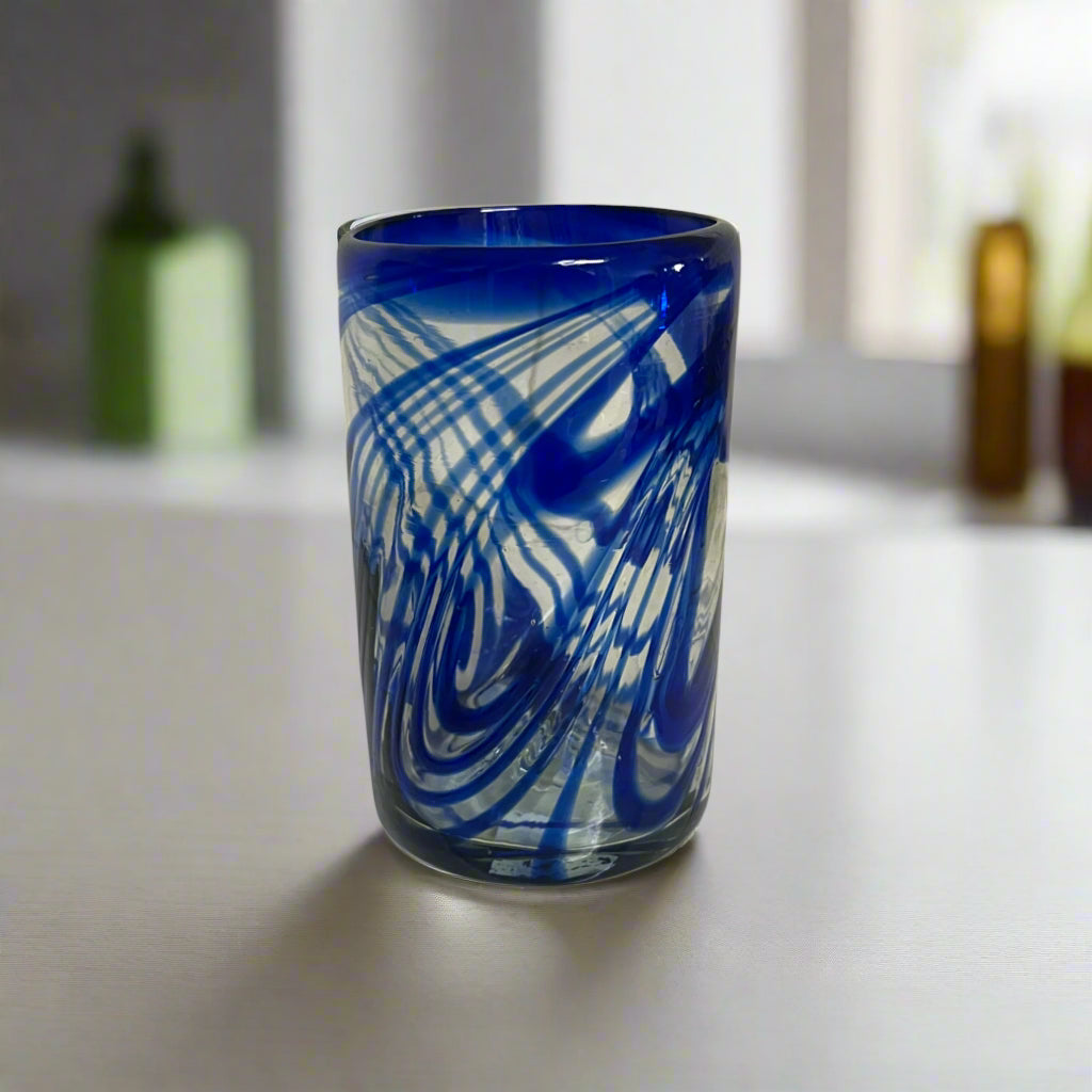 Blue Swirl Hand-Blown Glass | Mexican Drinking Tumbler