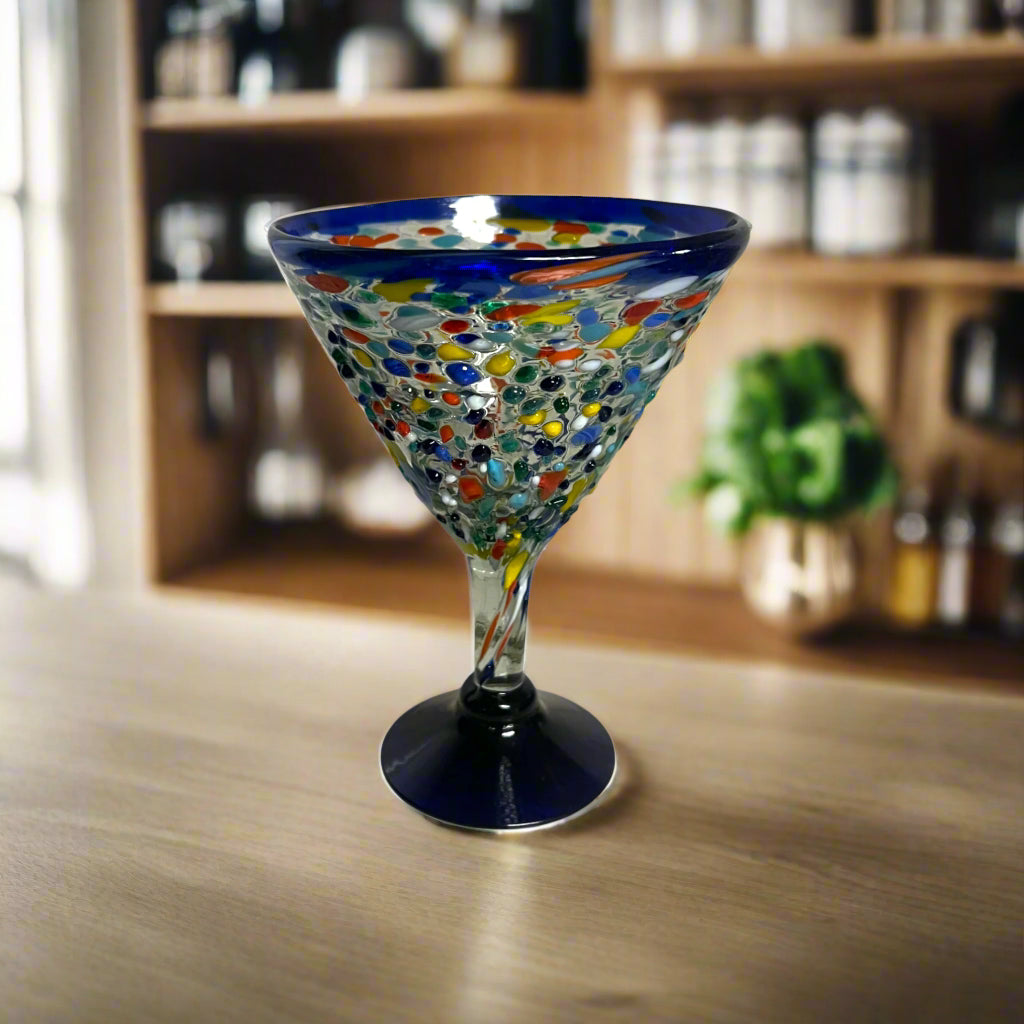 Confetti Rock Martini Glass with Blue Rim | Hand-Blown Mexican Barware