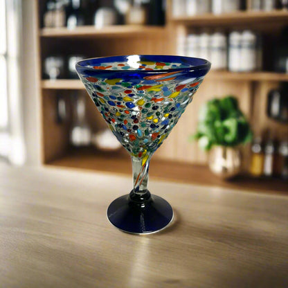 Confetti Rock Martini Glass with Blue Rim | Hand-Blown Mexican Barware