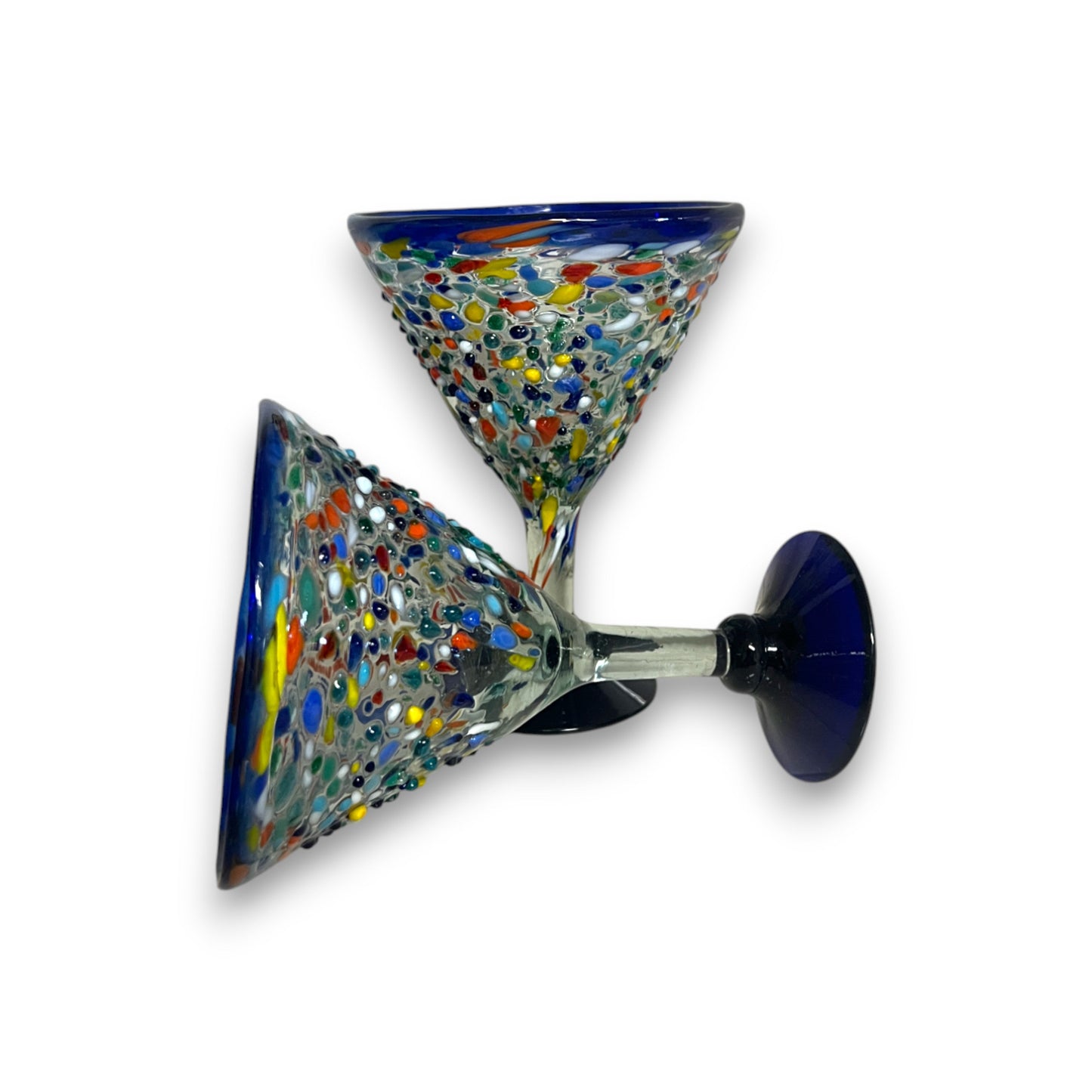 Confetti Rock Martini Glass with Blue Rim | Hand-Blown Mexican Barware