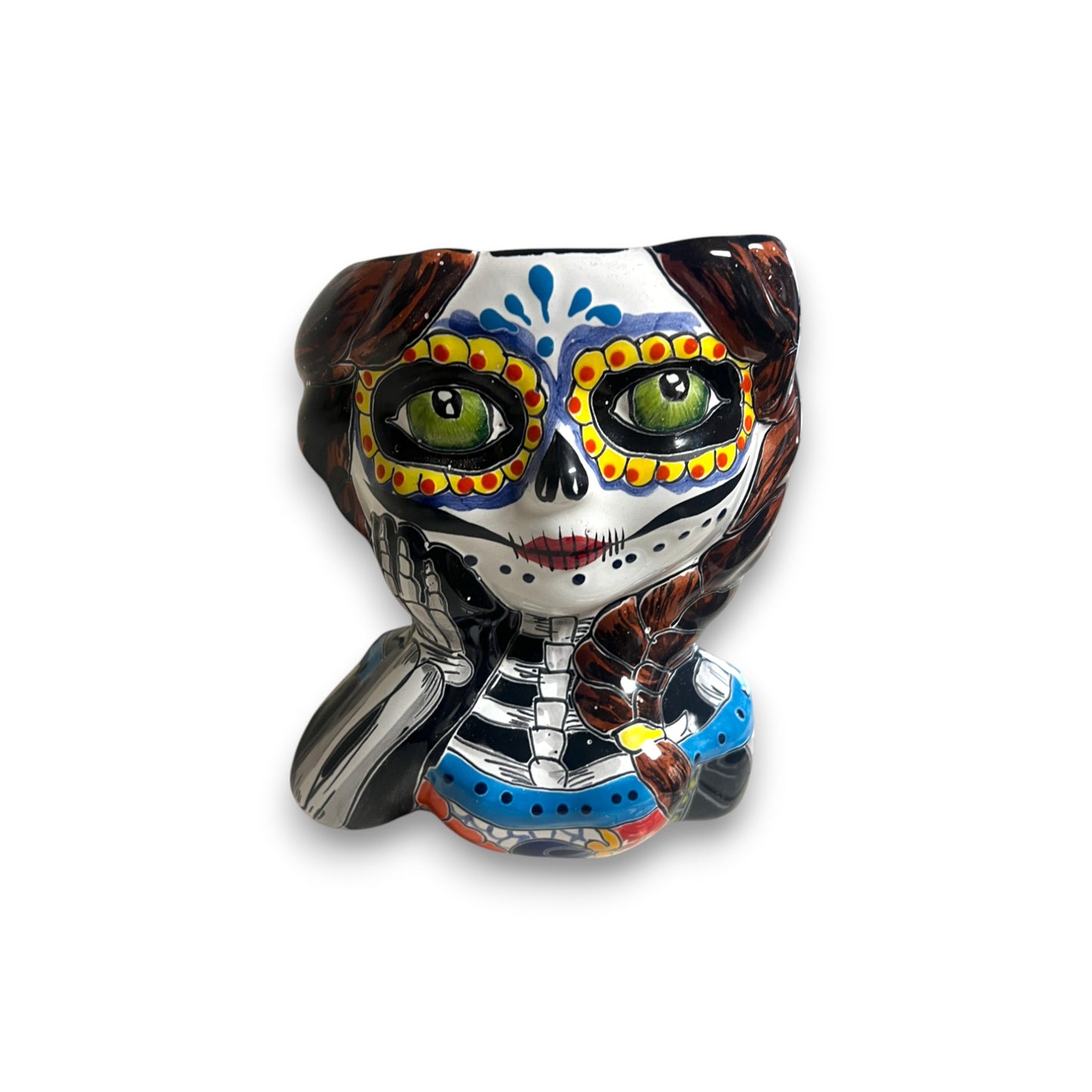 Talavera Skull Girl Planter | Hand-Painted Day of the Dead Pot