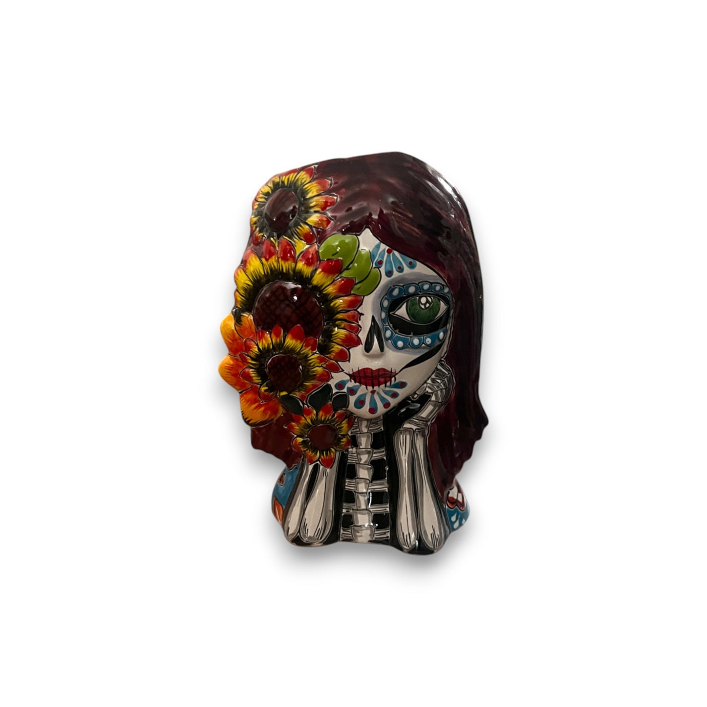 Talavera Sunflower Skull Planter | Handcrafted Day of the Dead Pot