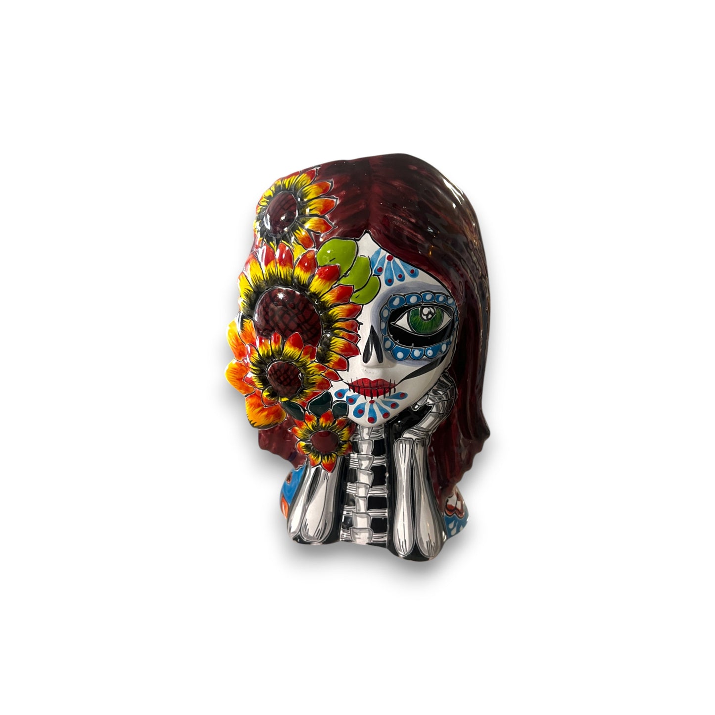 Talavera Sunflower Skull Planter | Handcrafted Day of the Dead Pot