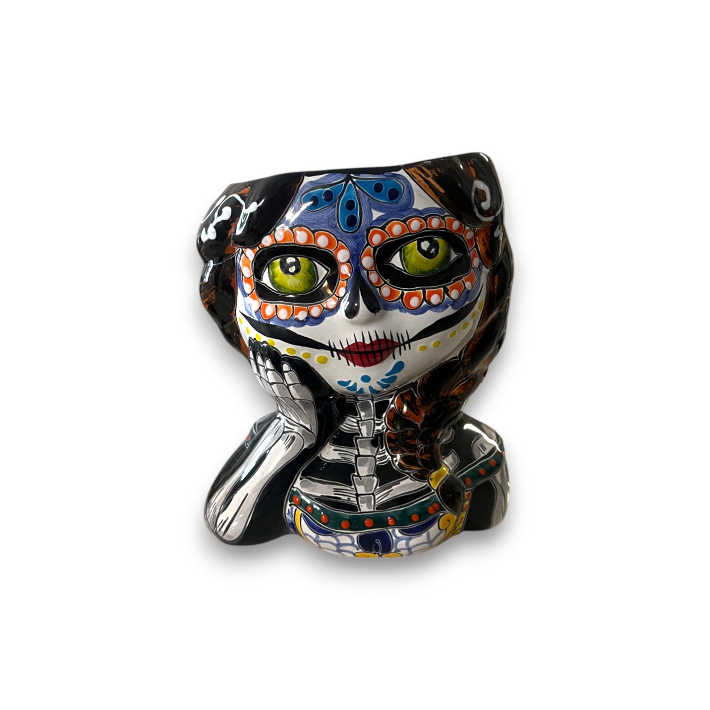 Talavera Skull Girl Planter | Hand-Painted Day of the Dead Pot