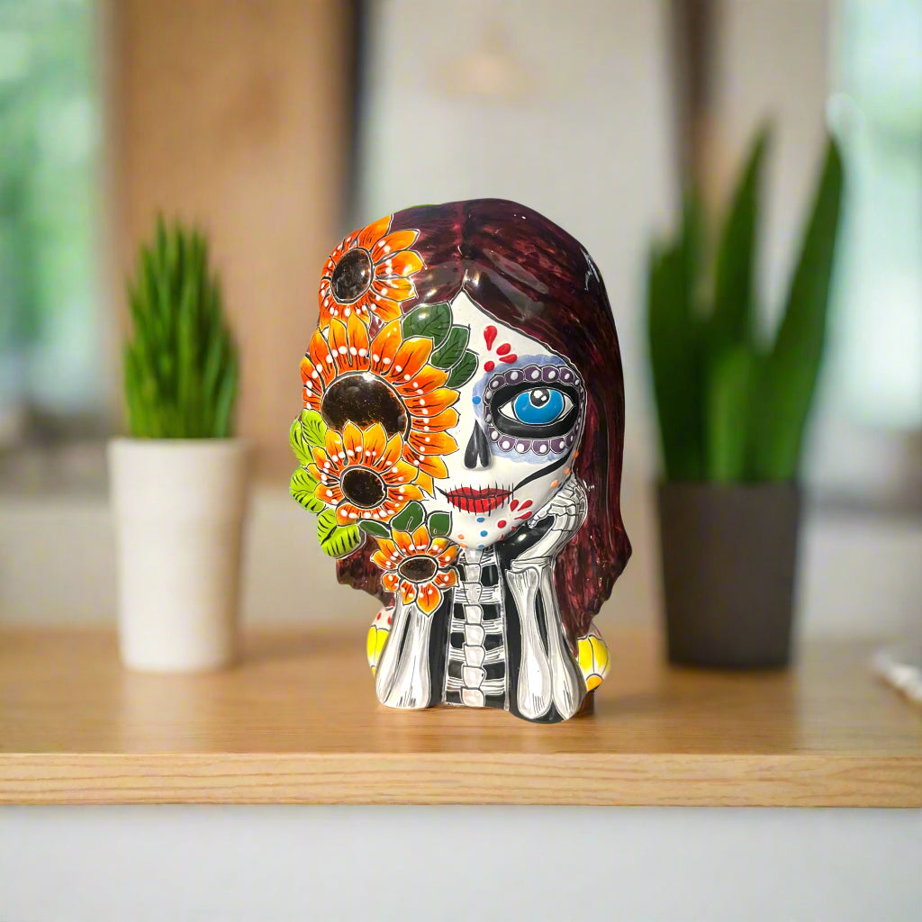 Talavera Sunflower Skull Planter | Handcrafted Day of the Dead Pot