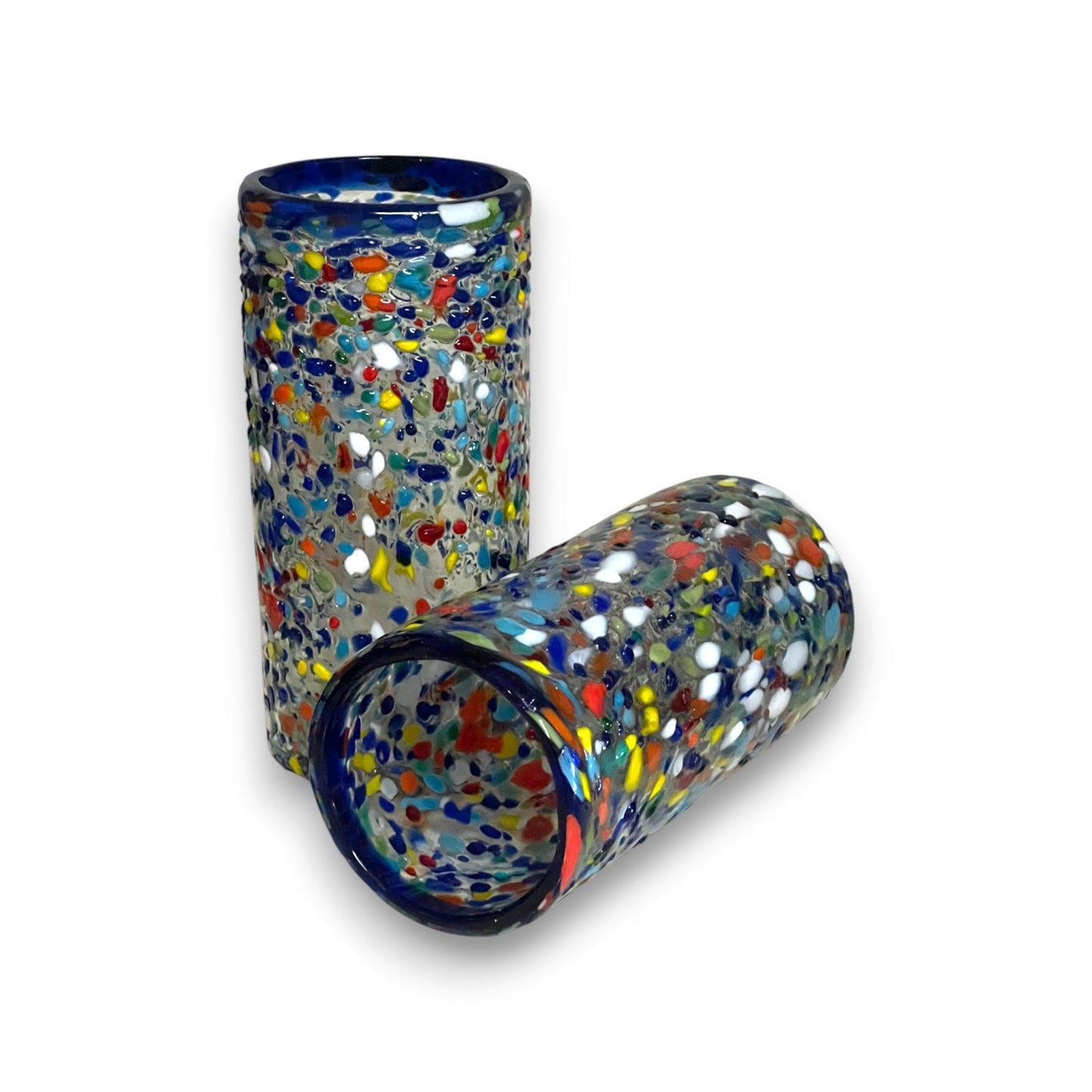Blue Rim Confetti Pebbled Glass | Hand-Blown Mexican Tumbler
