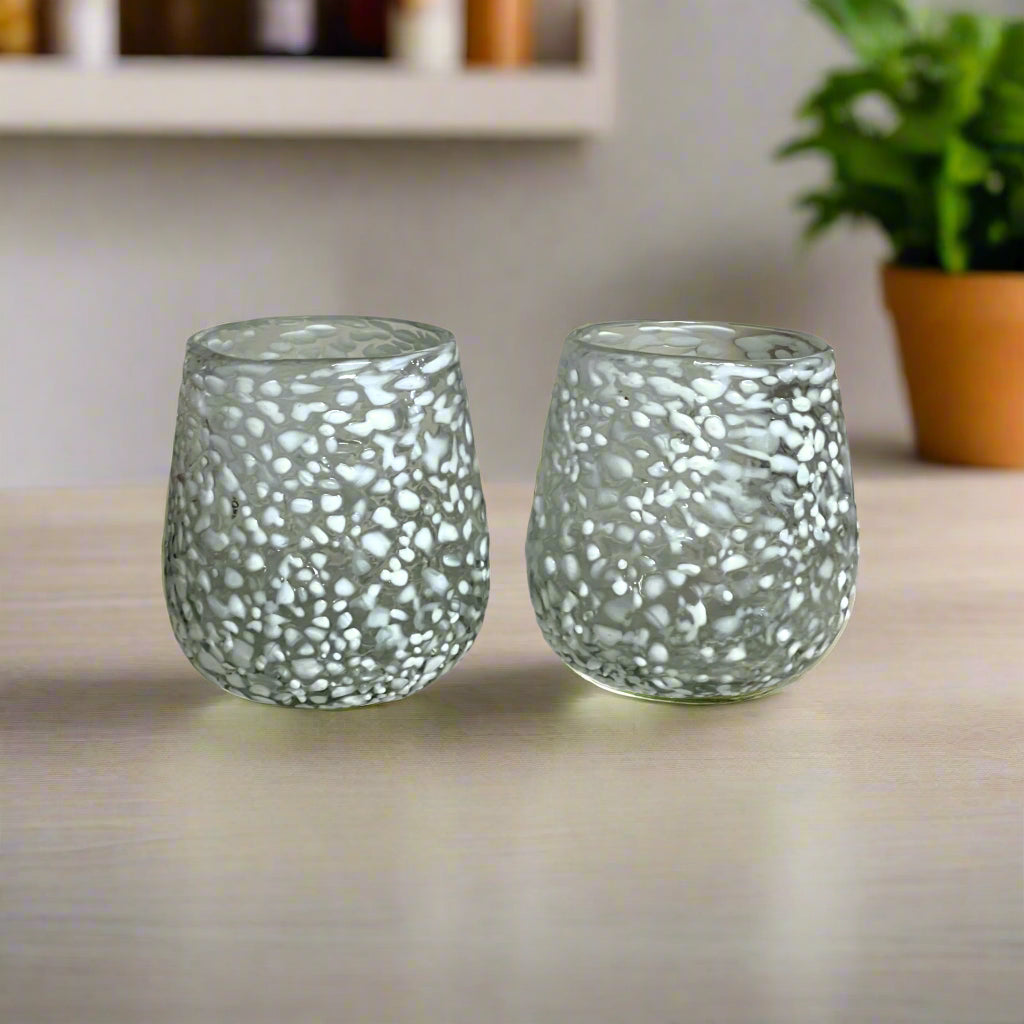 White Pebbled Wine Glass | Hand-Blown Mexican Stemless Glassware
