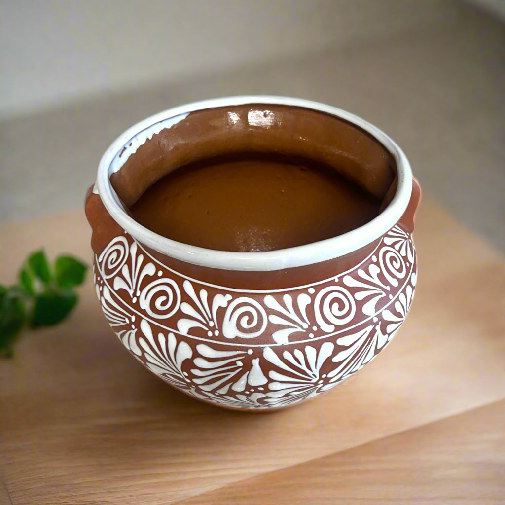 Terracotta Talavera Flower Pot | Brown & White Mexican Planter