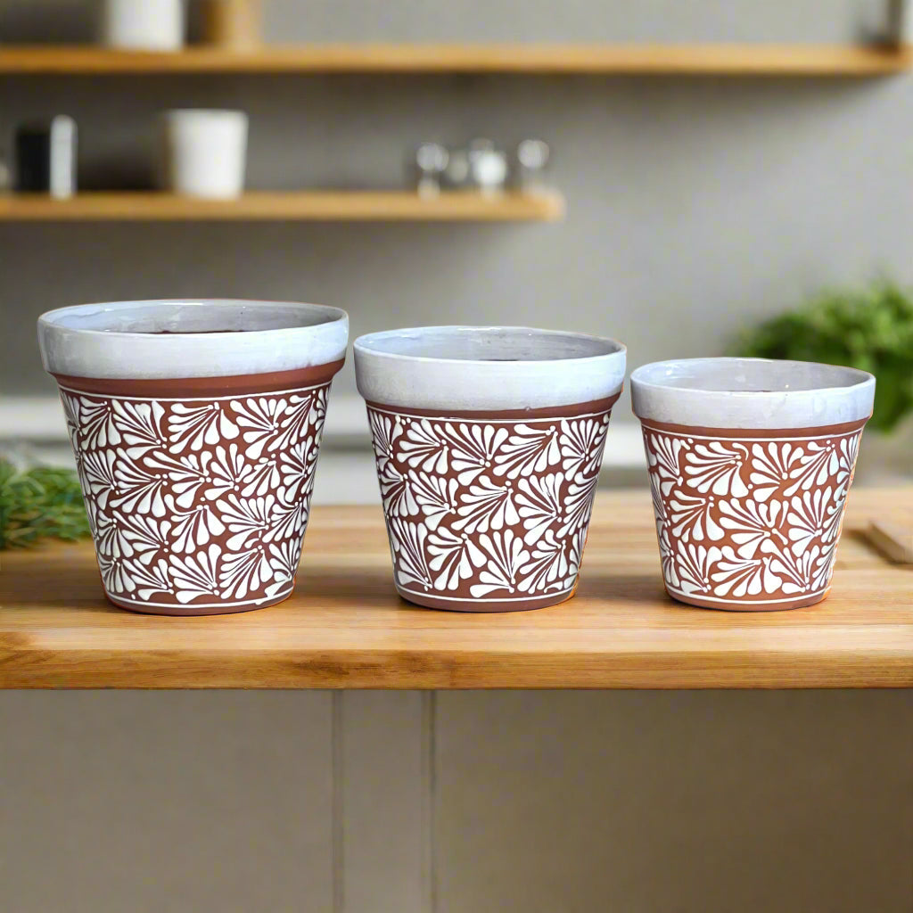 Set of 3 Talavera Flower Pots | Brown & White Terracotta Planters