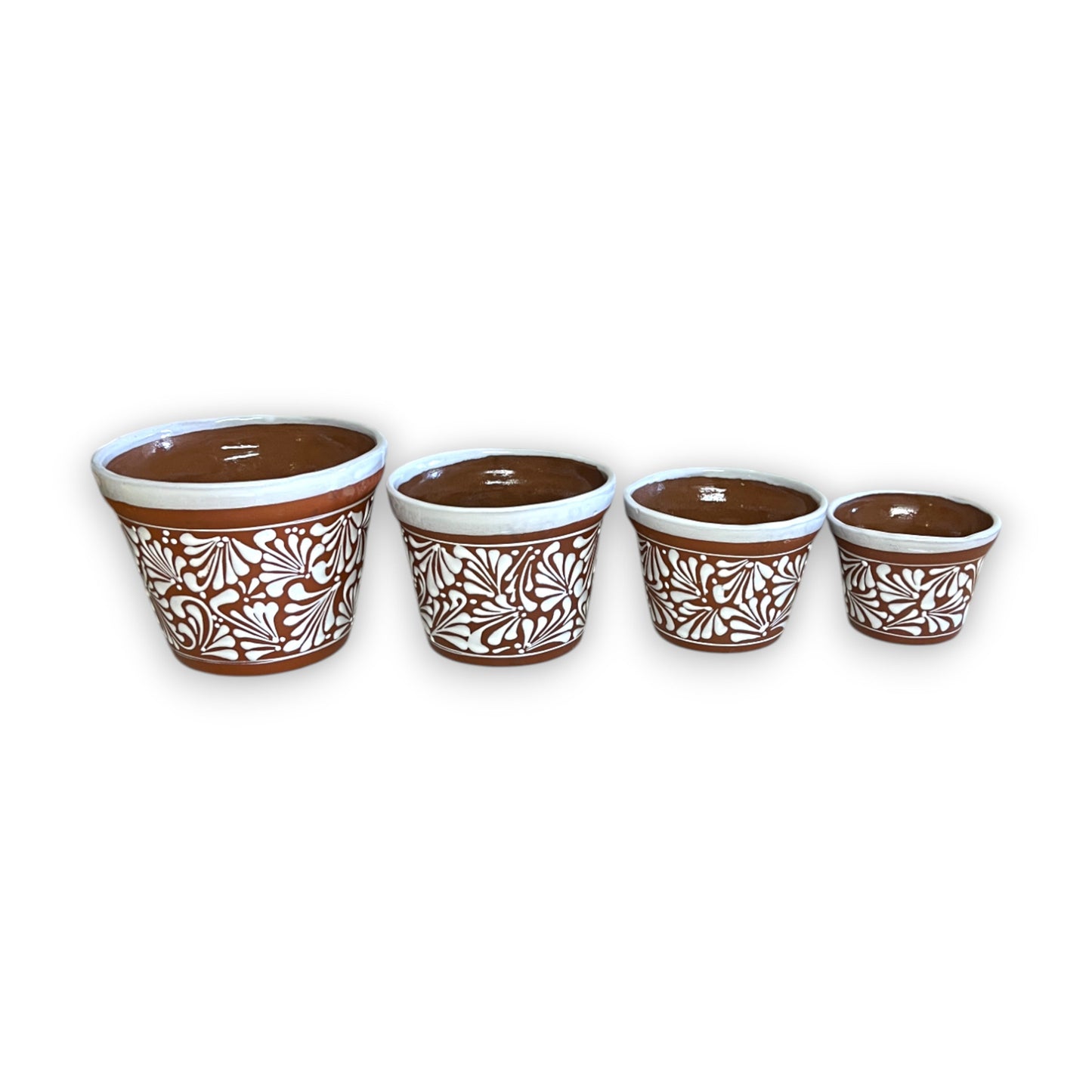 Set of 4 Talavera Flower Pots | Brown & White Terracotta Planters