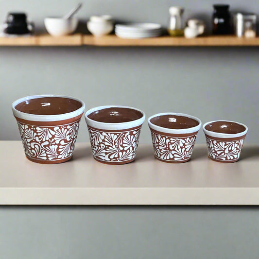 Set of 4 Talavera Flower Pots | Brown & White Terracotta Planters