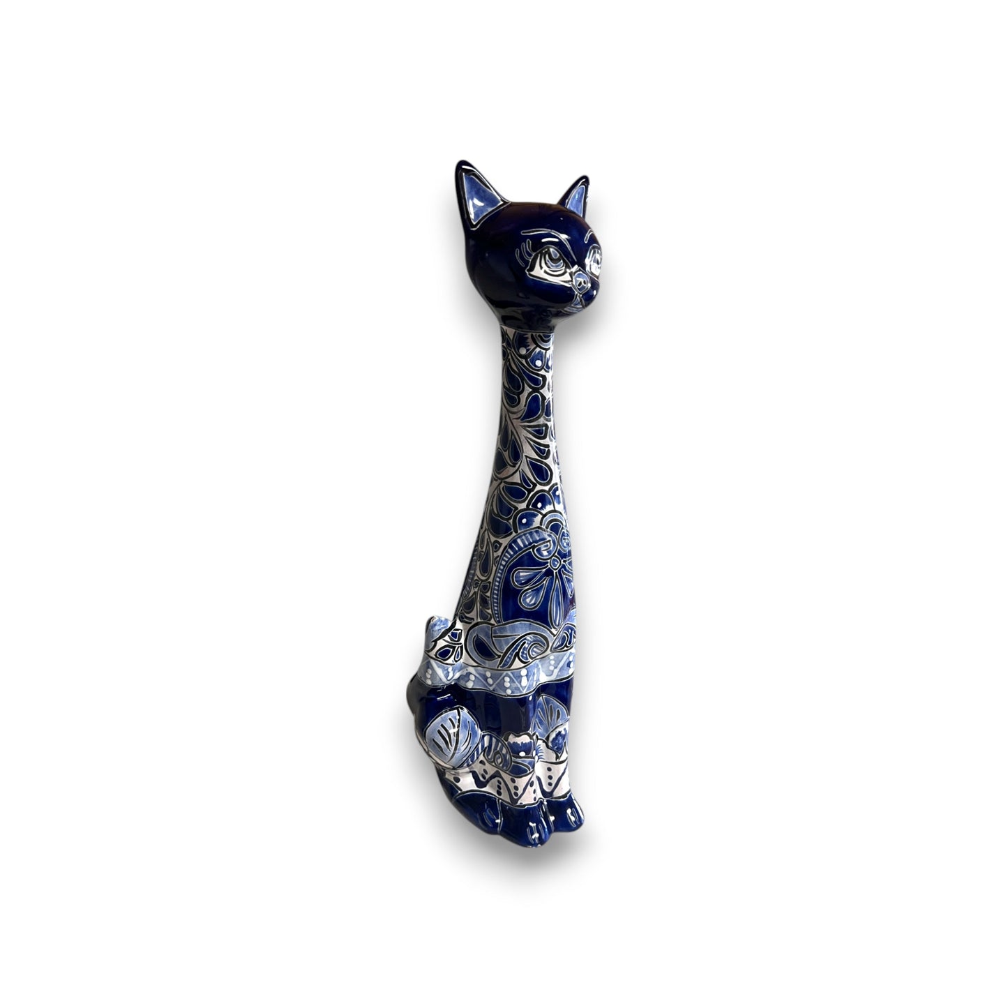 Tall Talavera Cat Statue | Handmade Blue & White Ceramic Figurine