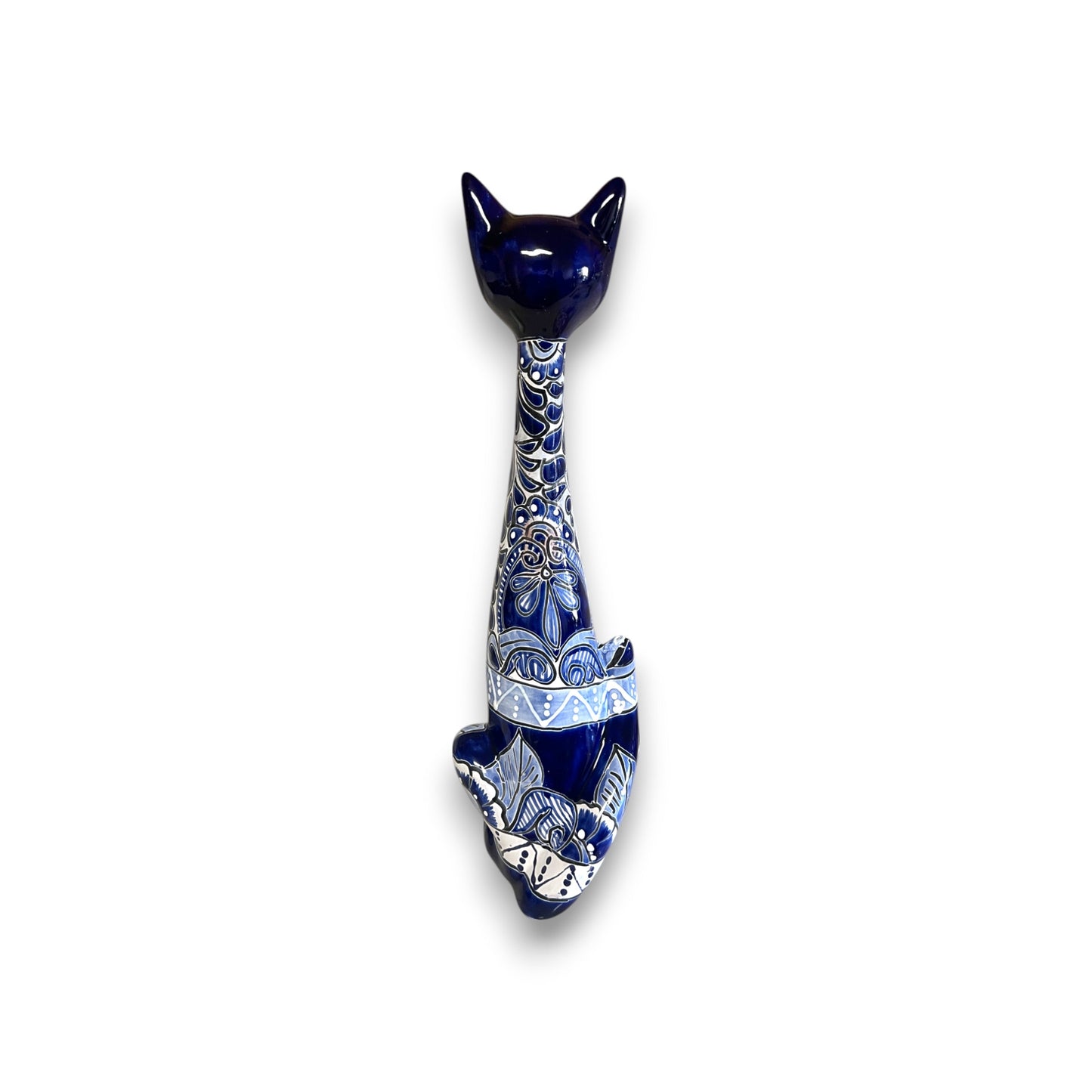 Tall Talavera Cat Statue | Handmade Blue & White Ceramic Figurine