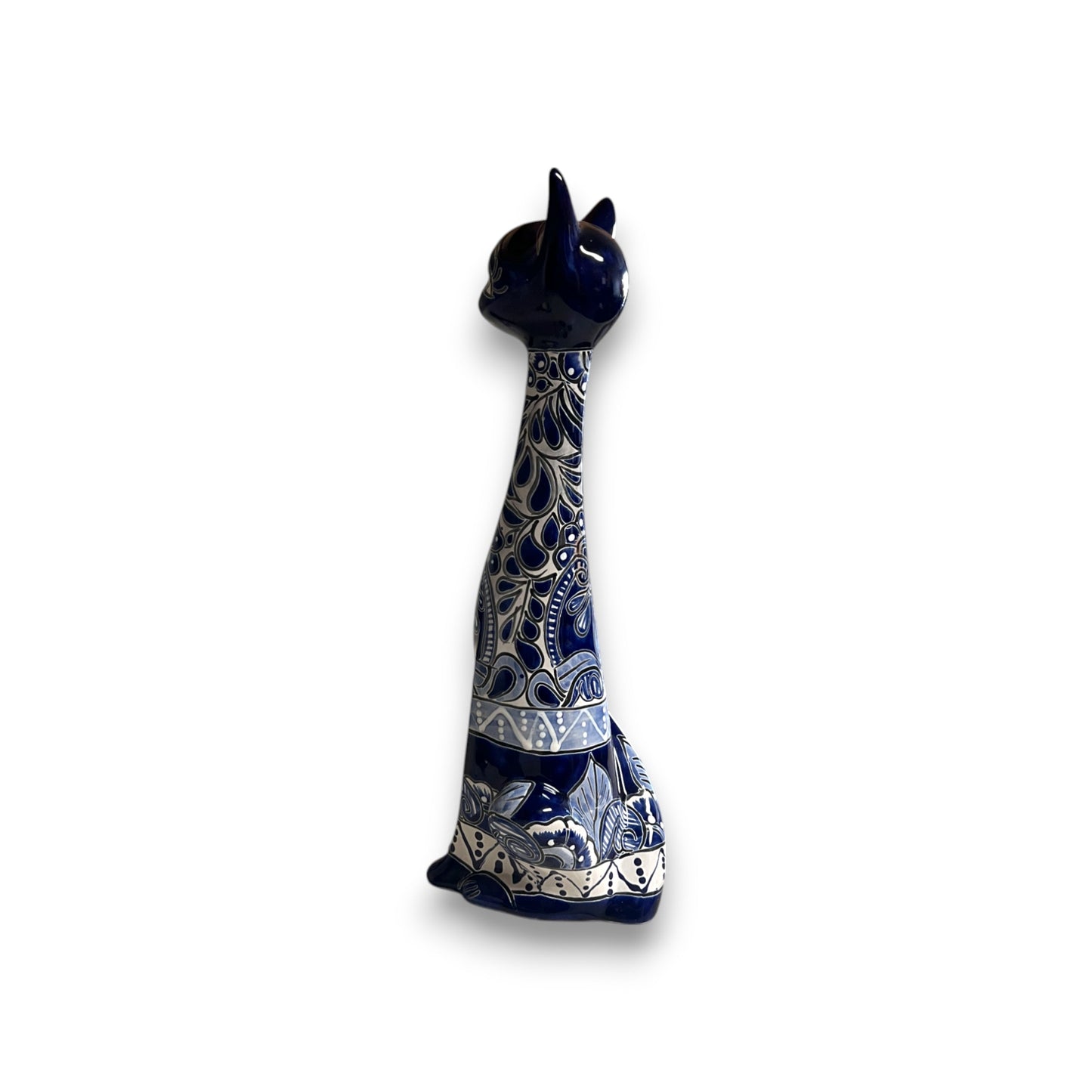 Tall Talavera Cat Statue | Handmade Blue & White Ceramic Figurine