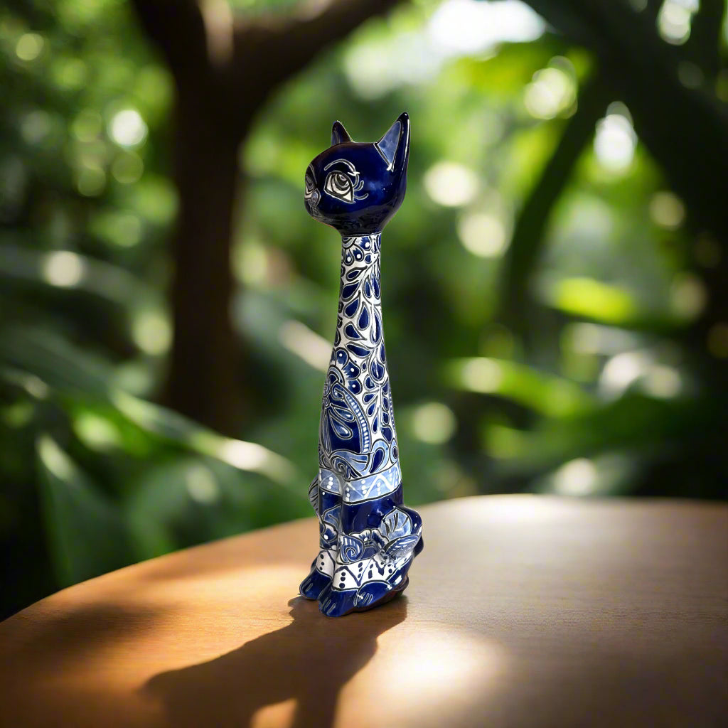 Tall Talavera Cat Statue | Handmade Blue & White Ceramic Figurine