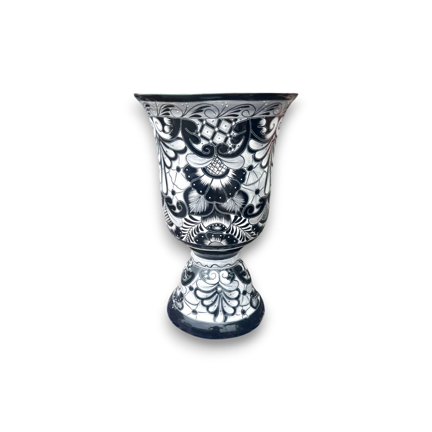 XL Black Talavera Planter | Hand-Painted Pedestal Flower Pot