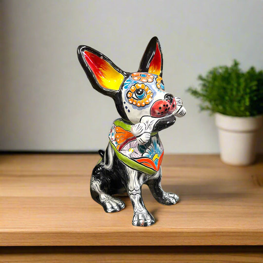 Talavera Chihuahua Holding Bone | Day of the Dead Dog Figurine