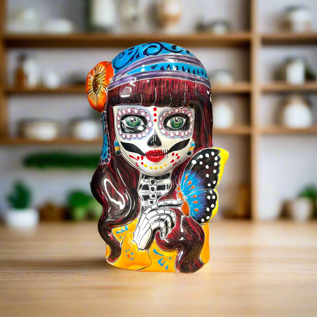 Talavera Butterfly Skull Planter | Handcrafted Day of the Dead Ceramic Pot