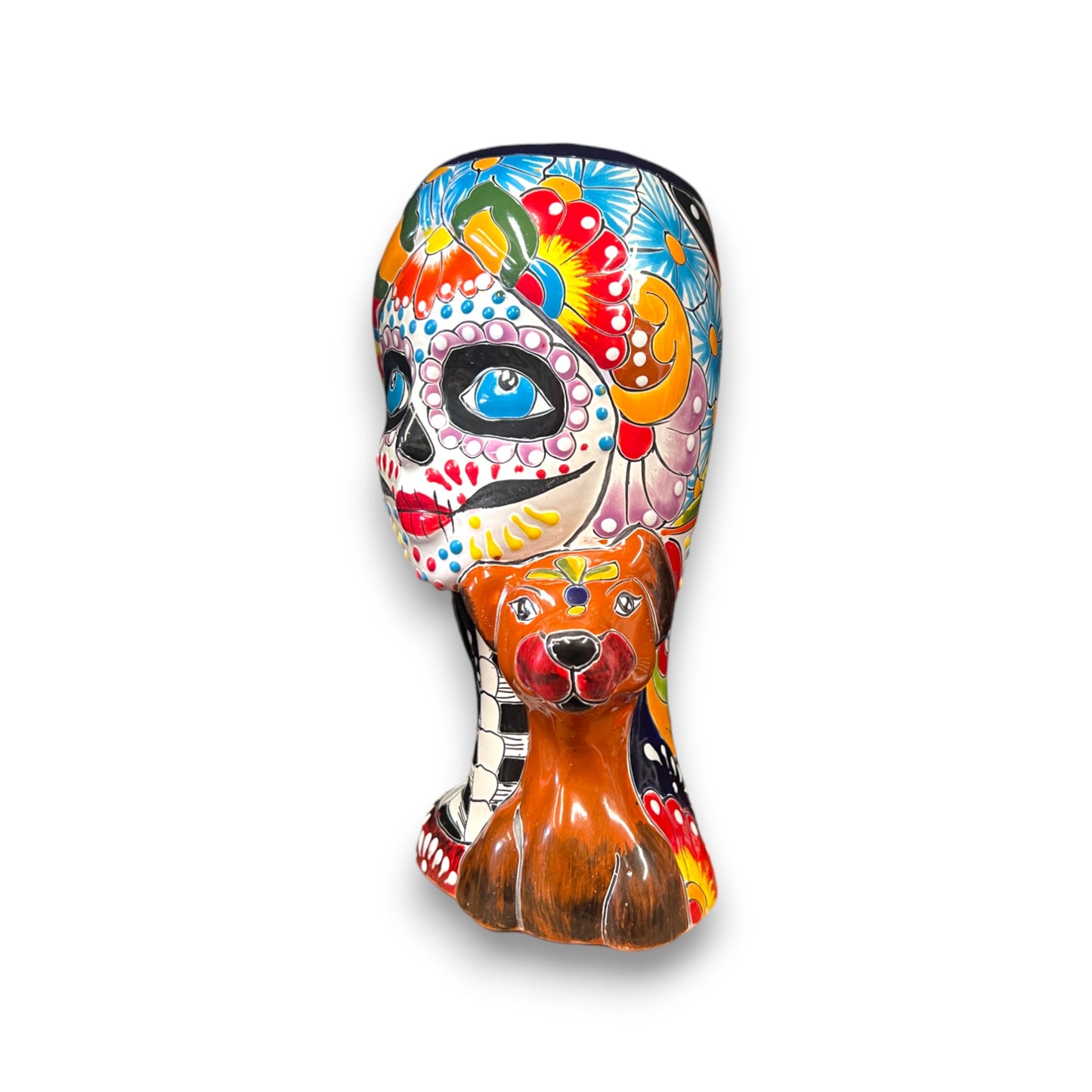 Talavera Lady Skull Planter | Colorful Day of the Dead Pot with Dog