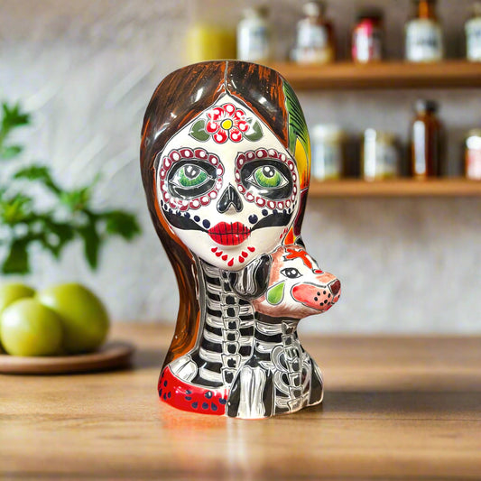 Talavera Lady Skull Planter | Colorful Day of the Dead Pot with Dog