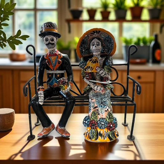 Talavera Skeleton Couple on Bench | Day of the Dead Mexican Decor