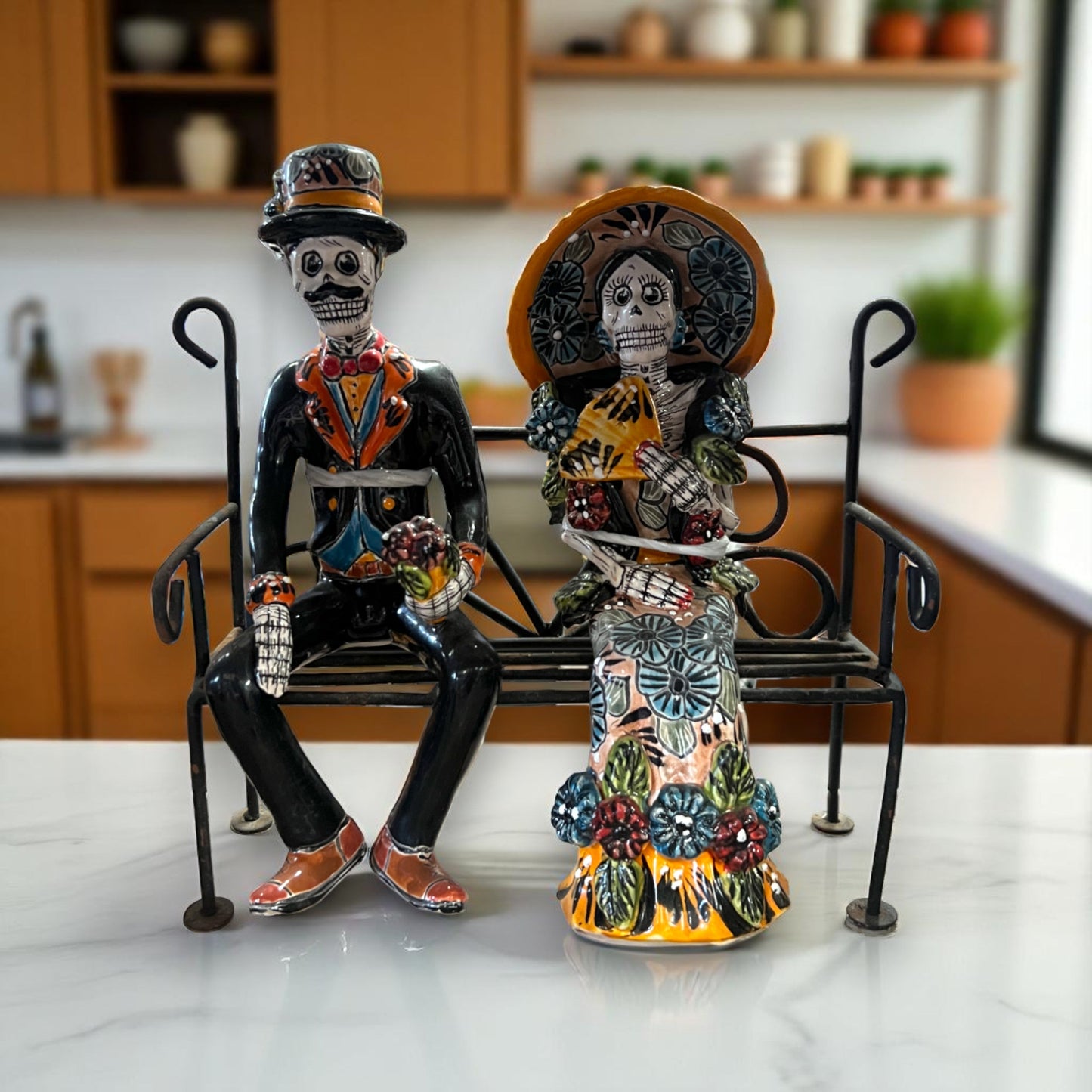 Talavera Skeleton Couple on Bench | Day of the Dead Mexican Decor