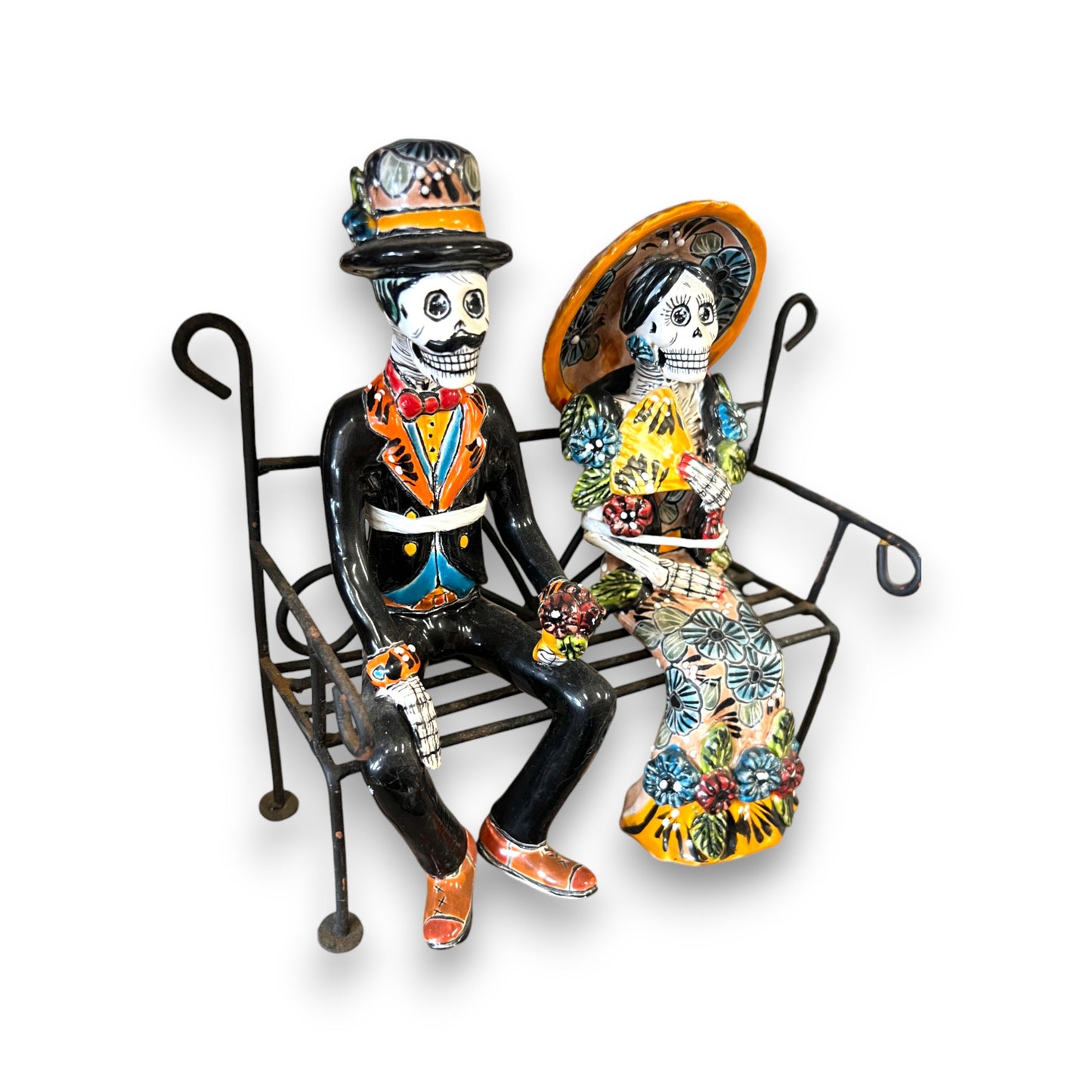 Talavera Skeleton Couple on Bench | Day of the Dead Mexican Decor