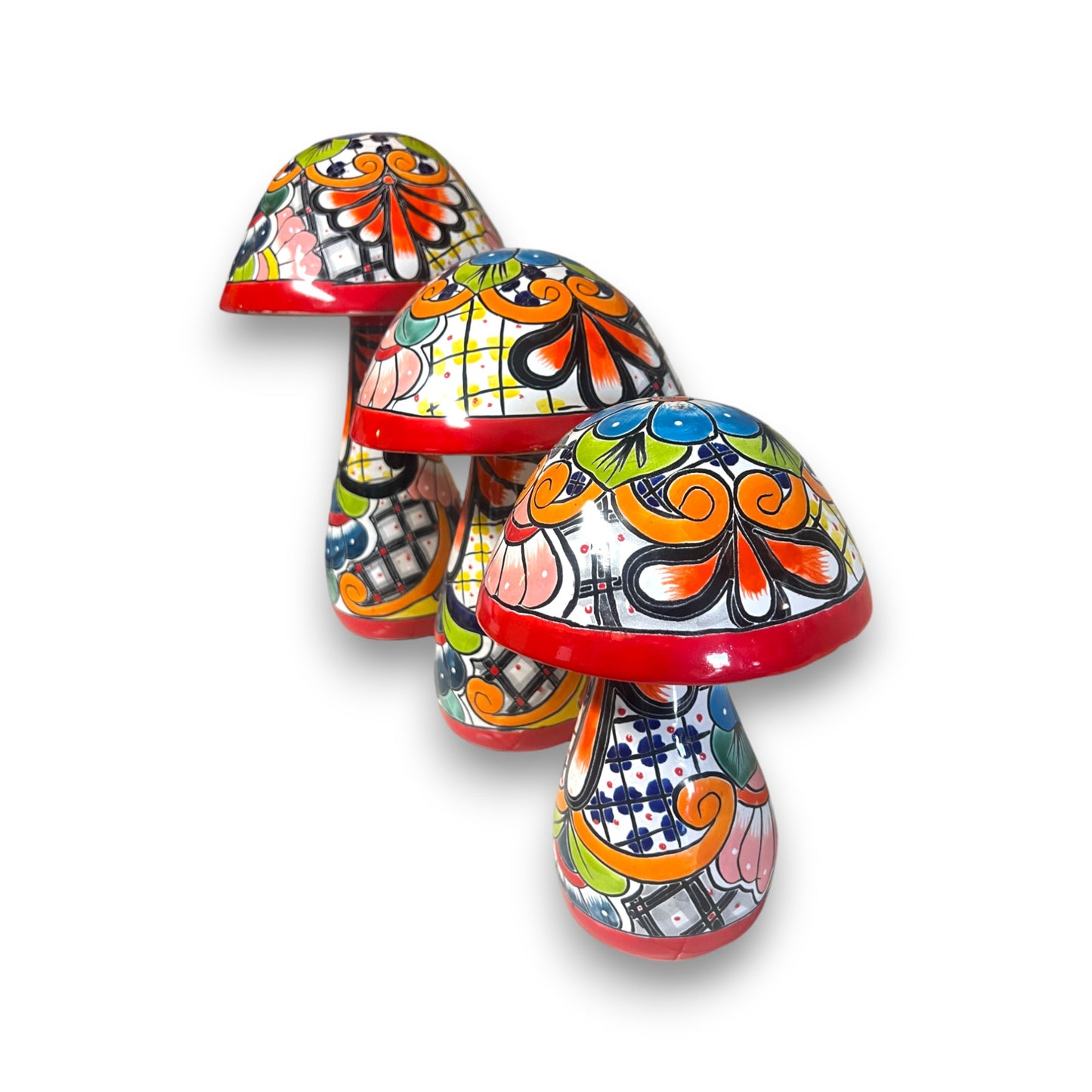 Talavera Mushroom Statue Set | Hand-Painted Mexican Garden Decor