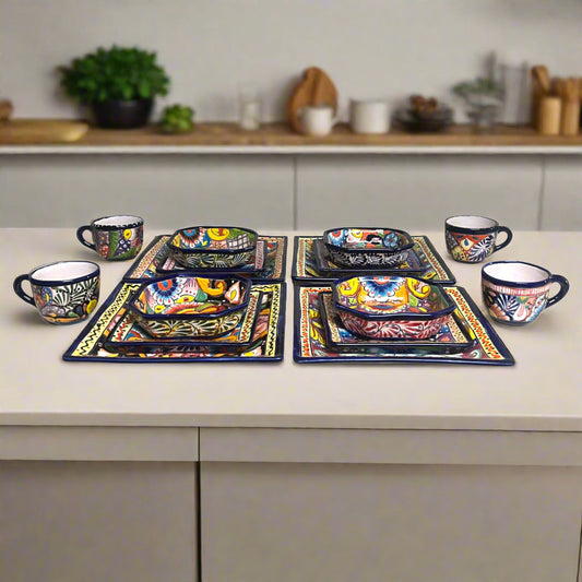 Talavera Square Dinnerware Set | 16-Piece Mexican Pottery Set