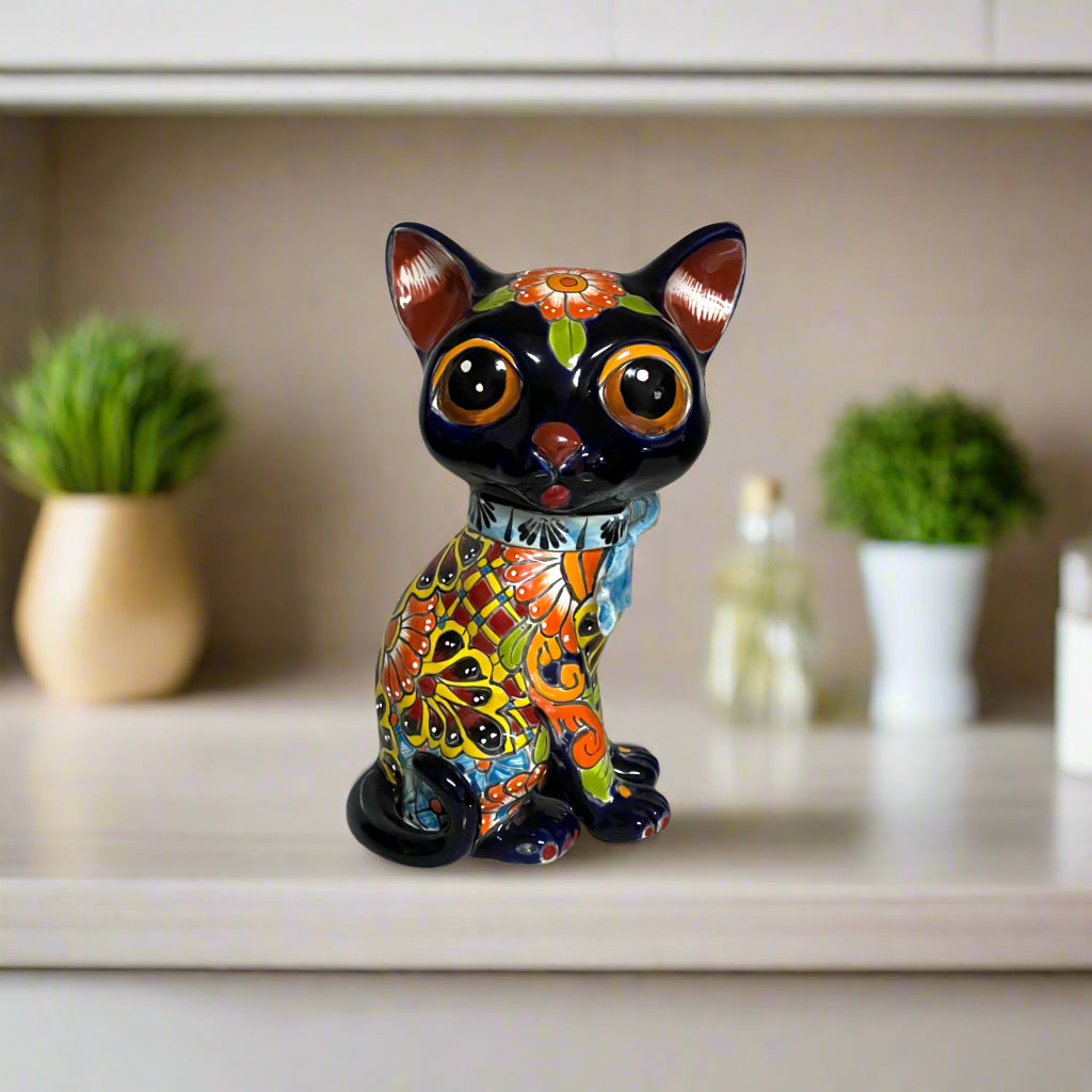 Talavera Cat Statue | Hand-Painted Mexican Folk Art Figurine